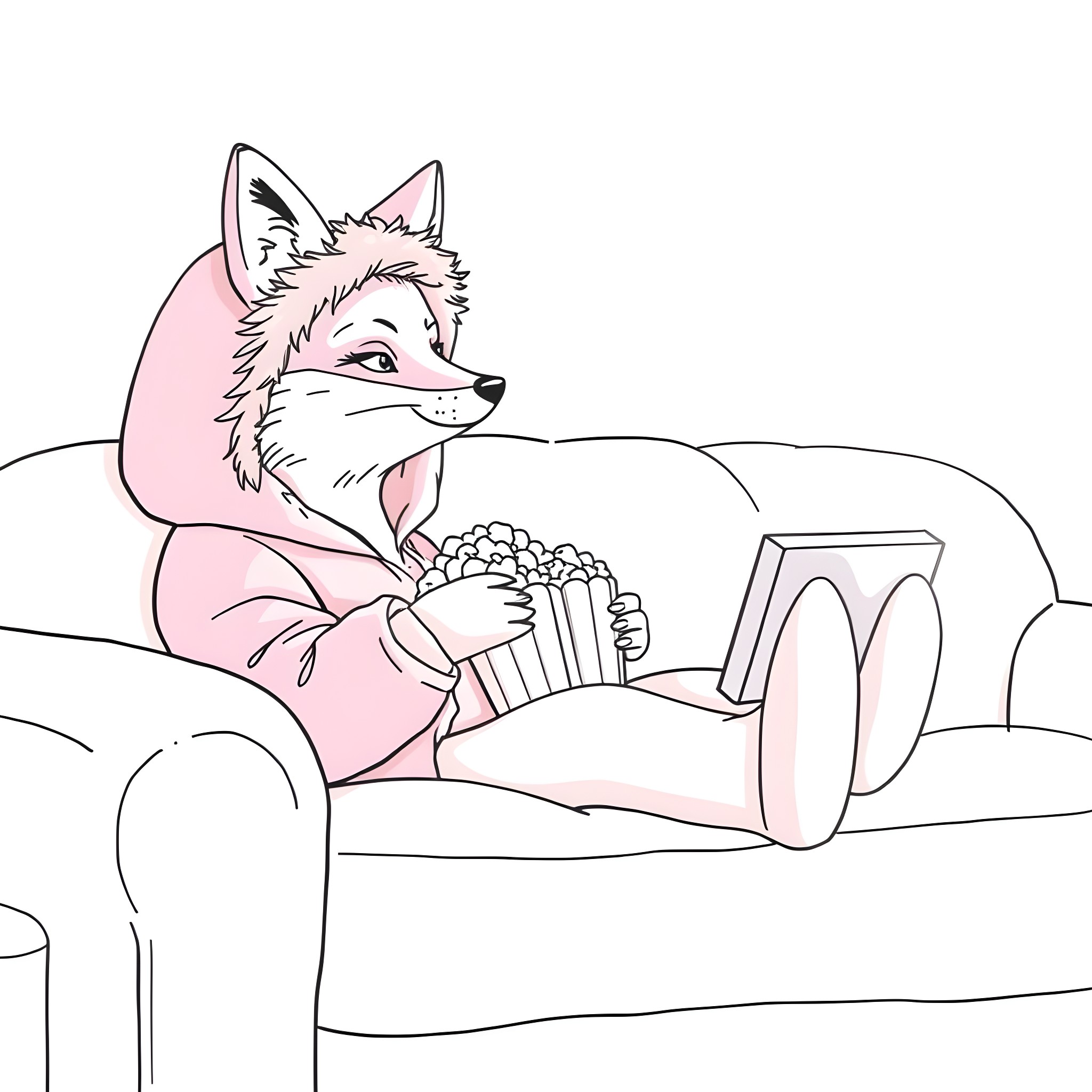 Fox enjoying movie night with popcorn on couch Coloring Page (free black-and-white line drawing printable PDF for all, from beginners to advanced learners, including children, teens, adults, and seniors)