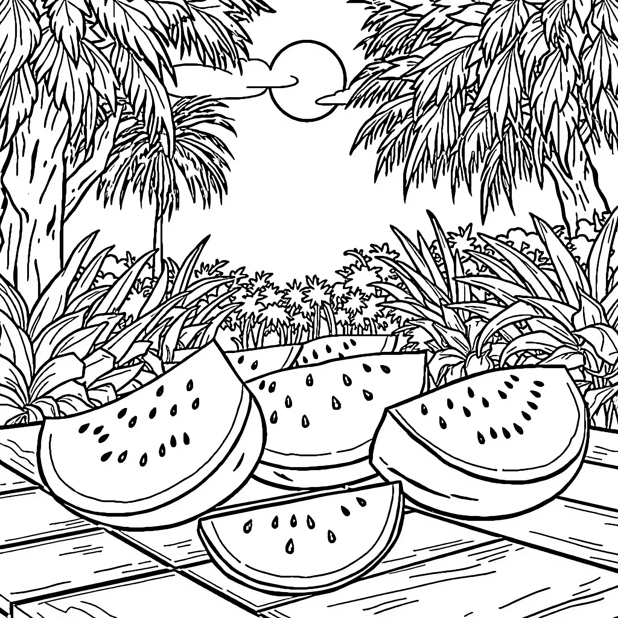 Watermelon Slices in a Tropical Landscape Coloring Page (free black-and-white line drawing printable PDF for all, from beginners to advanced learners, including children, teens, adults, and seniors)