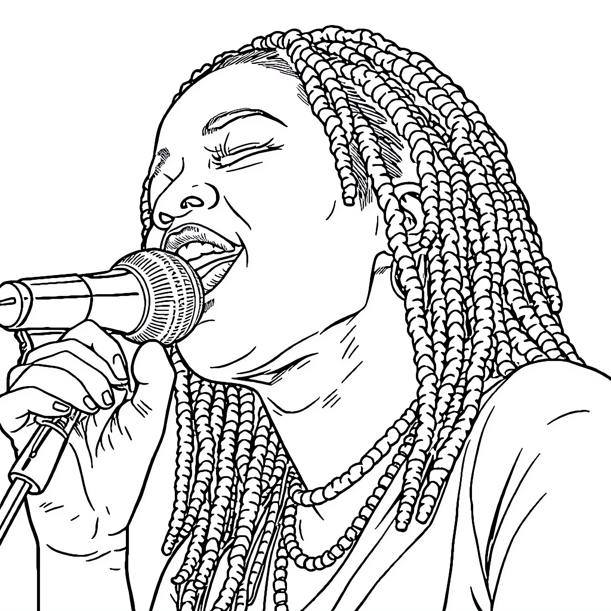 Woman singing with passion and energy Coloring Page (free black-and-white line drawing printable PDF for all, from beginners to advanced learners, including children, teens, adults, and seniors)