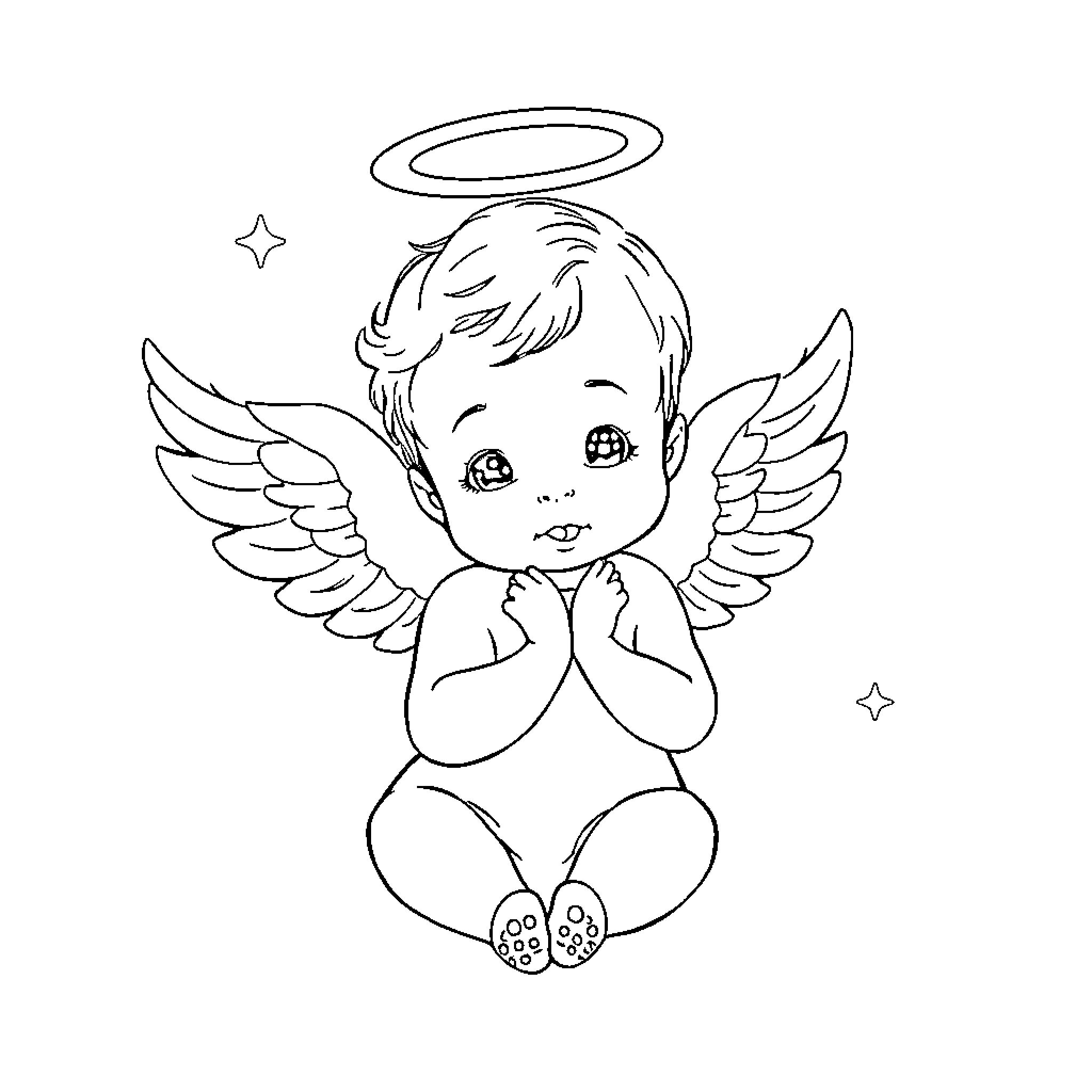 Angel cherub gazing up with wings and halo Coloring Page (free black-and-white line drawing printable PDF for all, from beginners to advanced learners, including children, teens, adults, and seniors)