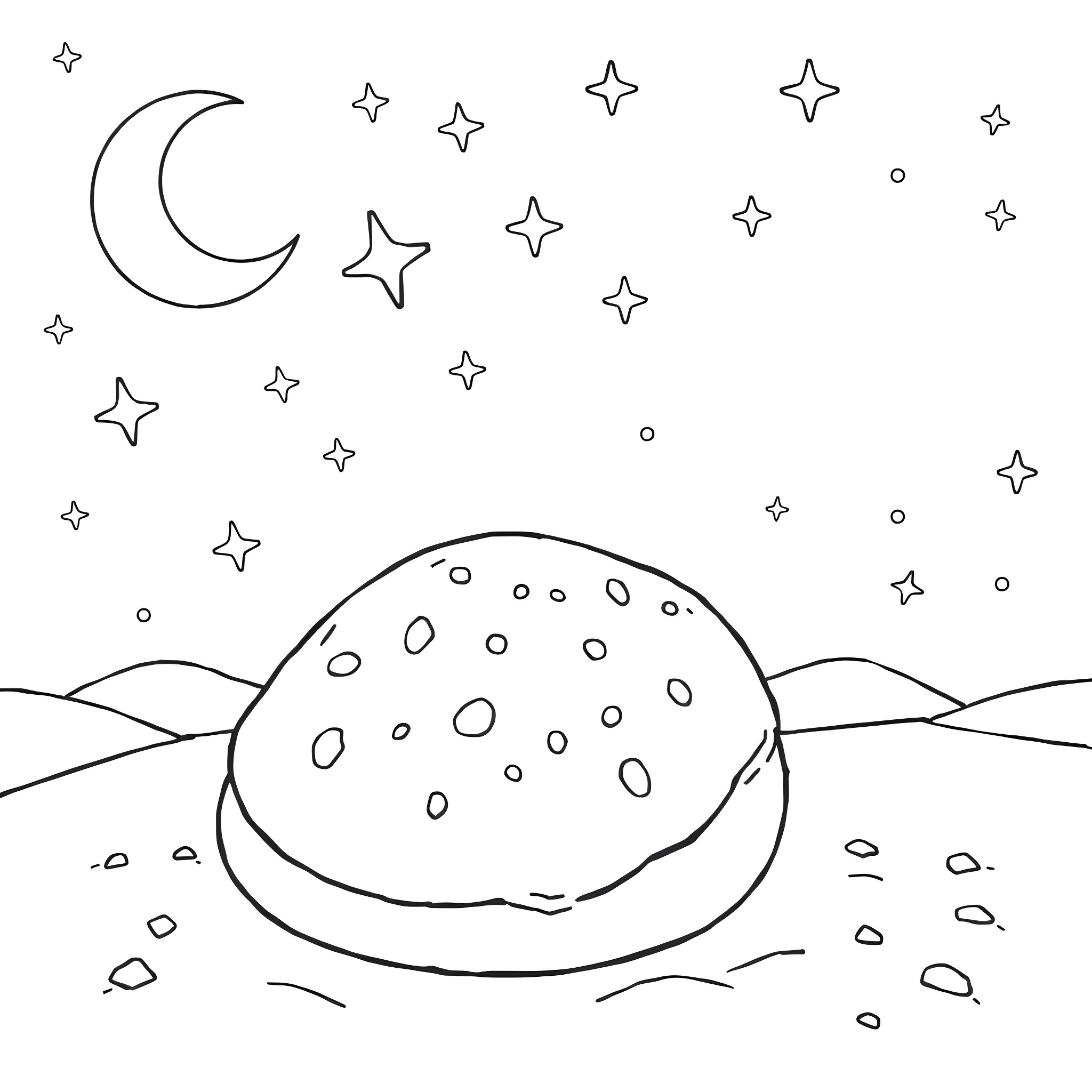 Pain au Chocolat under the starry night sky Coloring Page (free black-and-white line drawing printable PDF for all, from beginners to advanced learners, including children, teens, adults, and seniors)