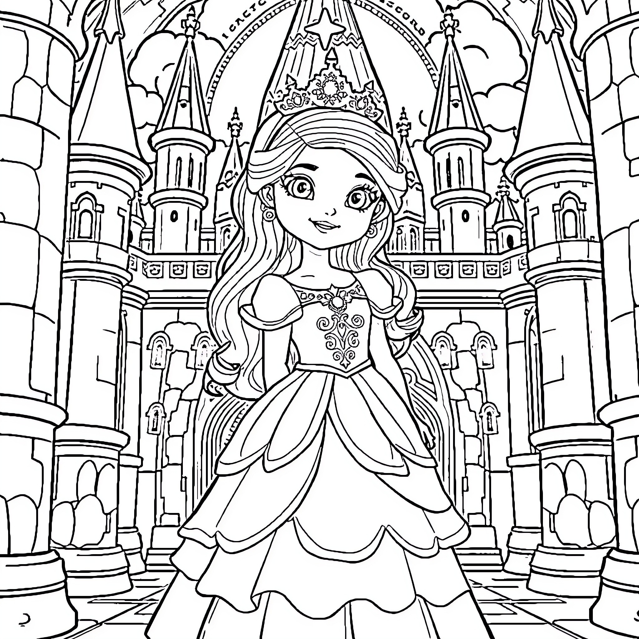 Princess Sarah's Castle Adventure Coloring Page (free black-and-white line drawing printable PDF for all, from beginners to advanced learners, including children, teens, adults, and seniors)
