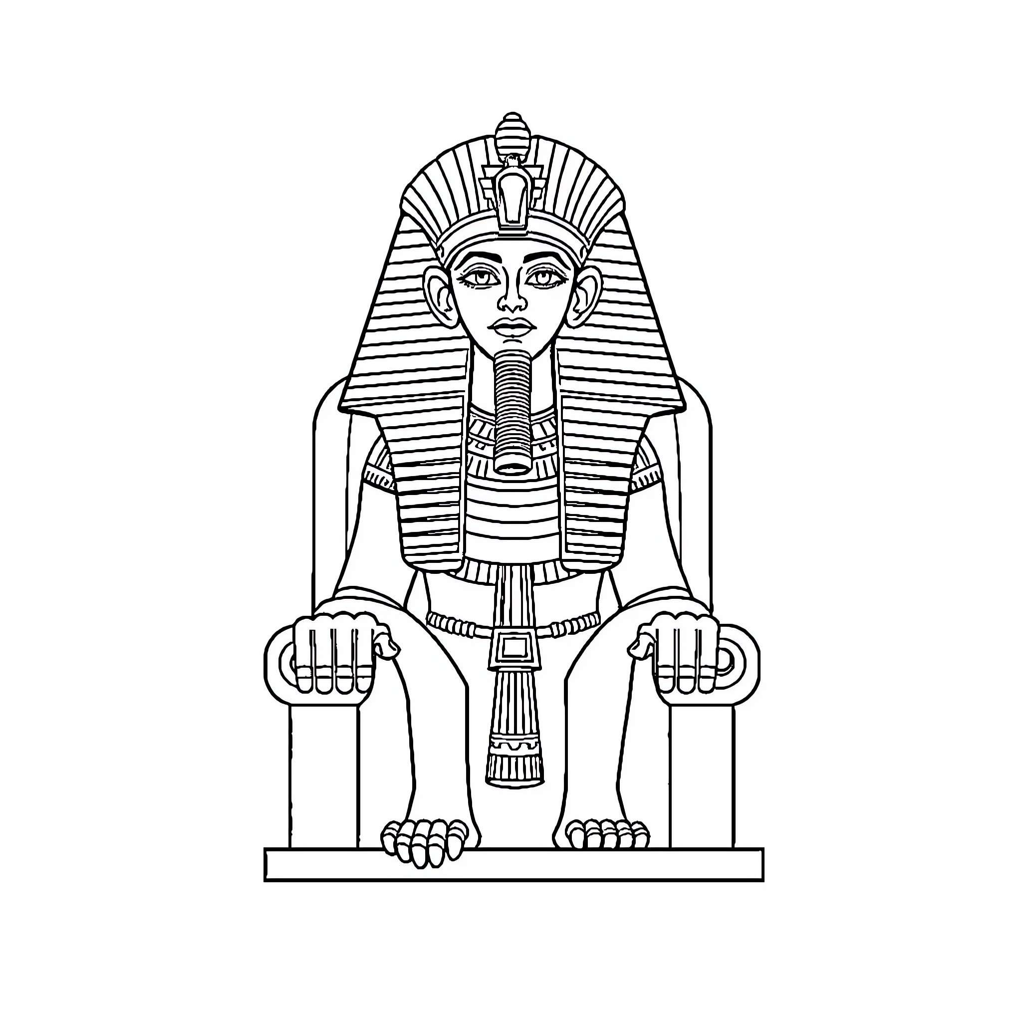 Pharaoh Sitting on Throne with Regalia Coloring Page (free black-and-white line drawing printable PDF for all, from beginners to advanced learners, including children, teens, adults, and seniors)