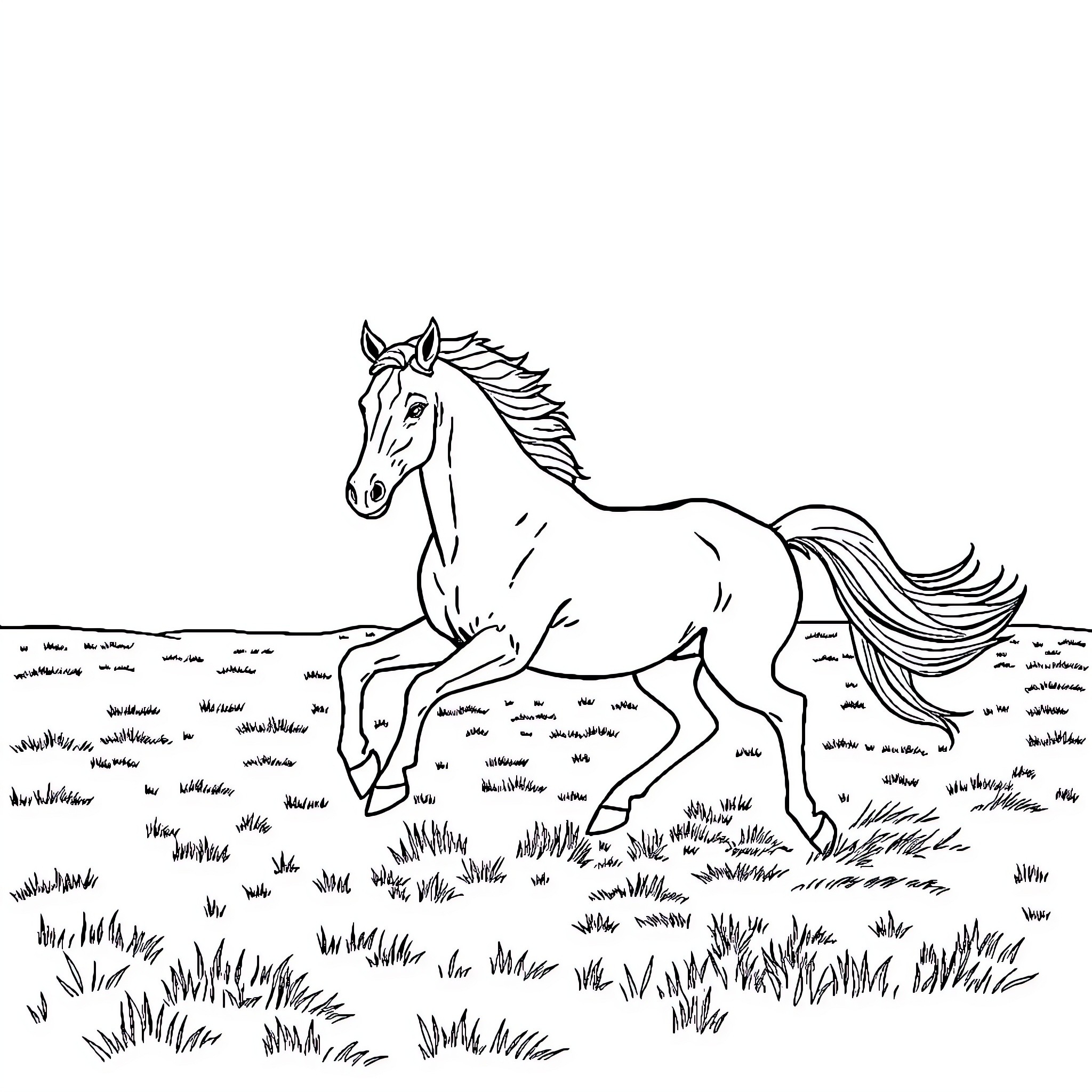 Horse galloping through grassy field Coloring Page (free black-and-white line drawing printable PDF for all, from beginners to advanced learners, including children, teens, adults, and seniors)