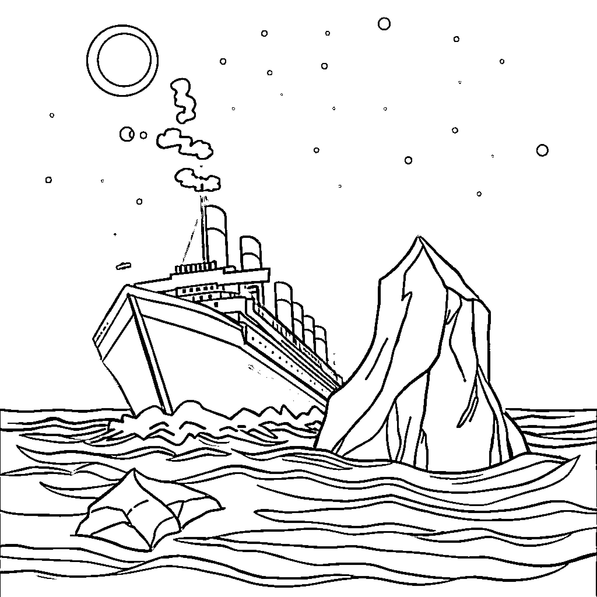 Titanic Crossing the Icy Seas at Night Coloring Page (free black-and-white line drawing printable PDF for all, from beginners to advanced learners, including children, teens, adults, and seniors)
