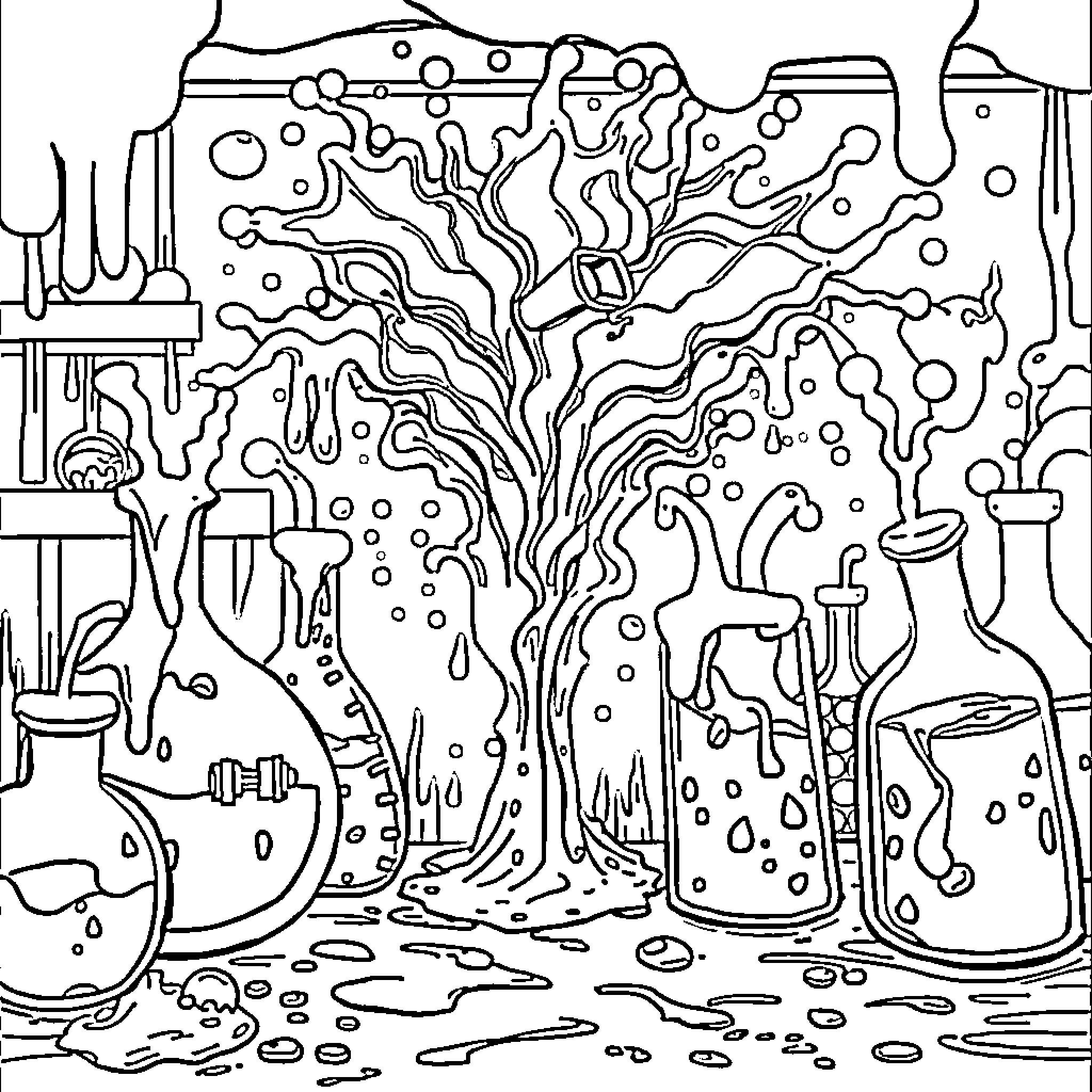 Explosion of scientific experiments and reactions Coloring Page (free black-and-white line drawing printable PDF for all, from beginners to advanced learners, including children, teens, adults, and seniors)