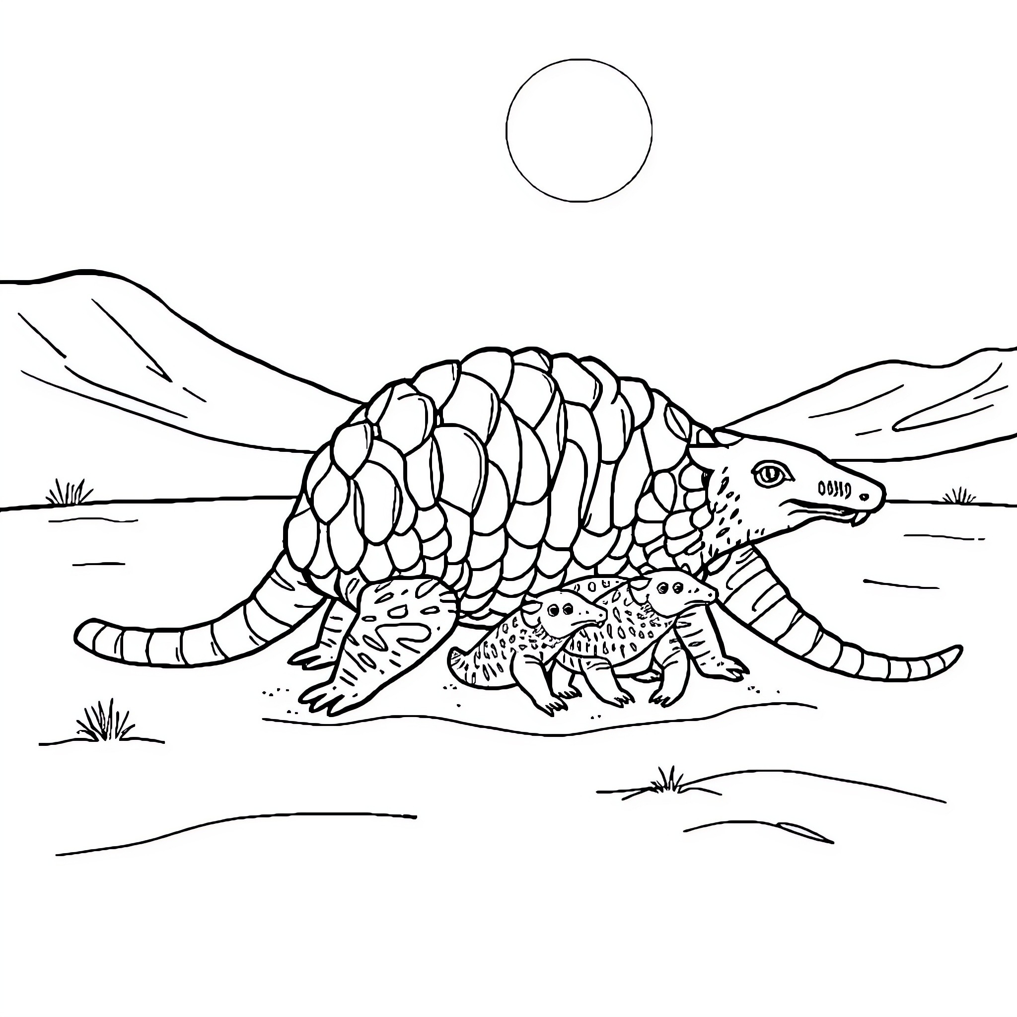 Armadillo exploring the desert landscape Coloring Page (free black-and-white line drawing printable PDF for all, from beginners to advanced learners, including children, teens, adults, and seniors)