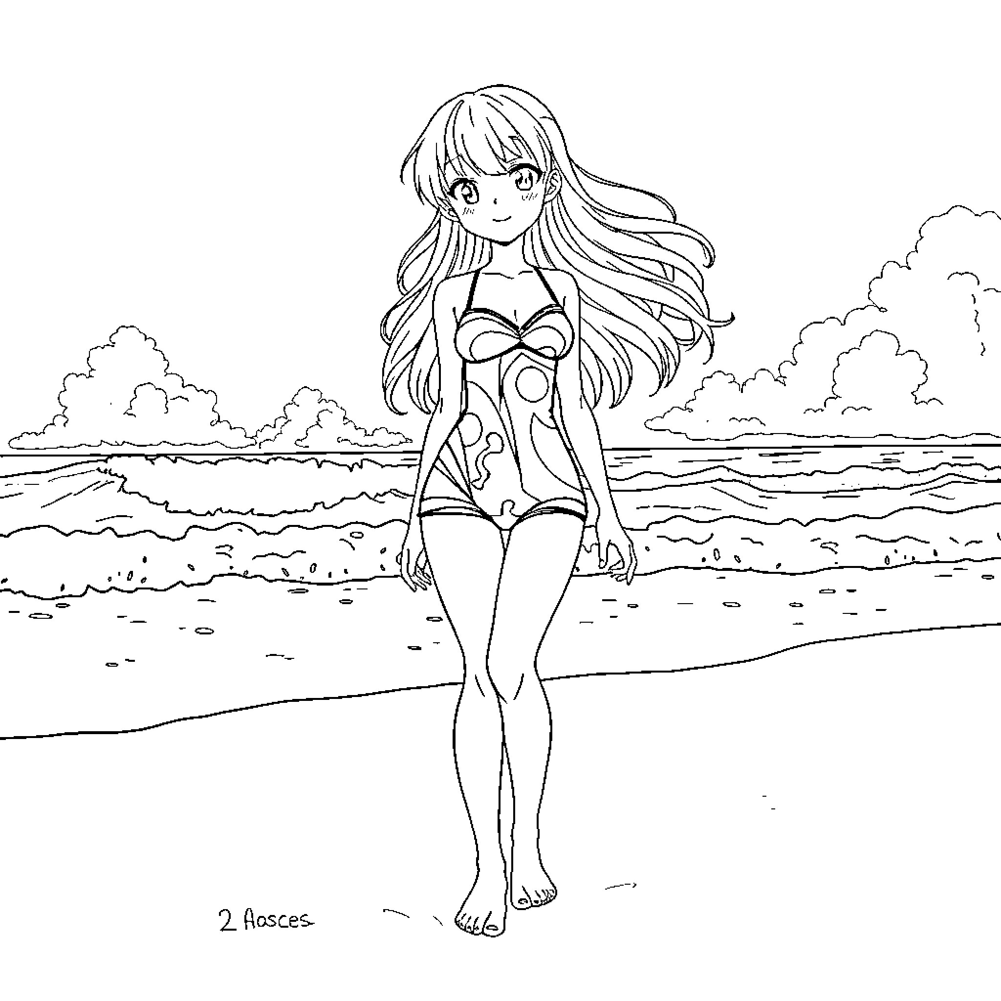 Anime Girl in Swimsuit at the Beach Coloring Page (free black-and-white line drawing printable PDF for all, from beginners to advanced learners, including children, teens, adults, and seniors)