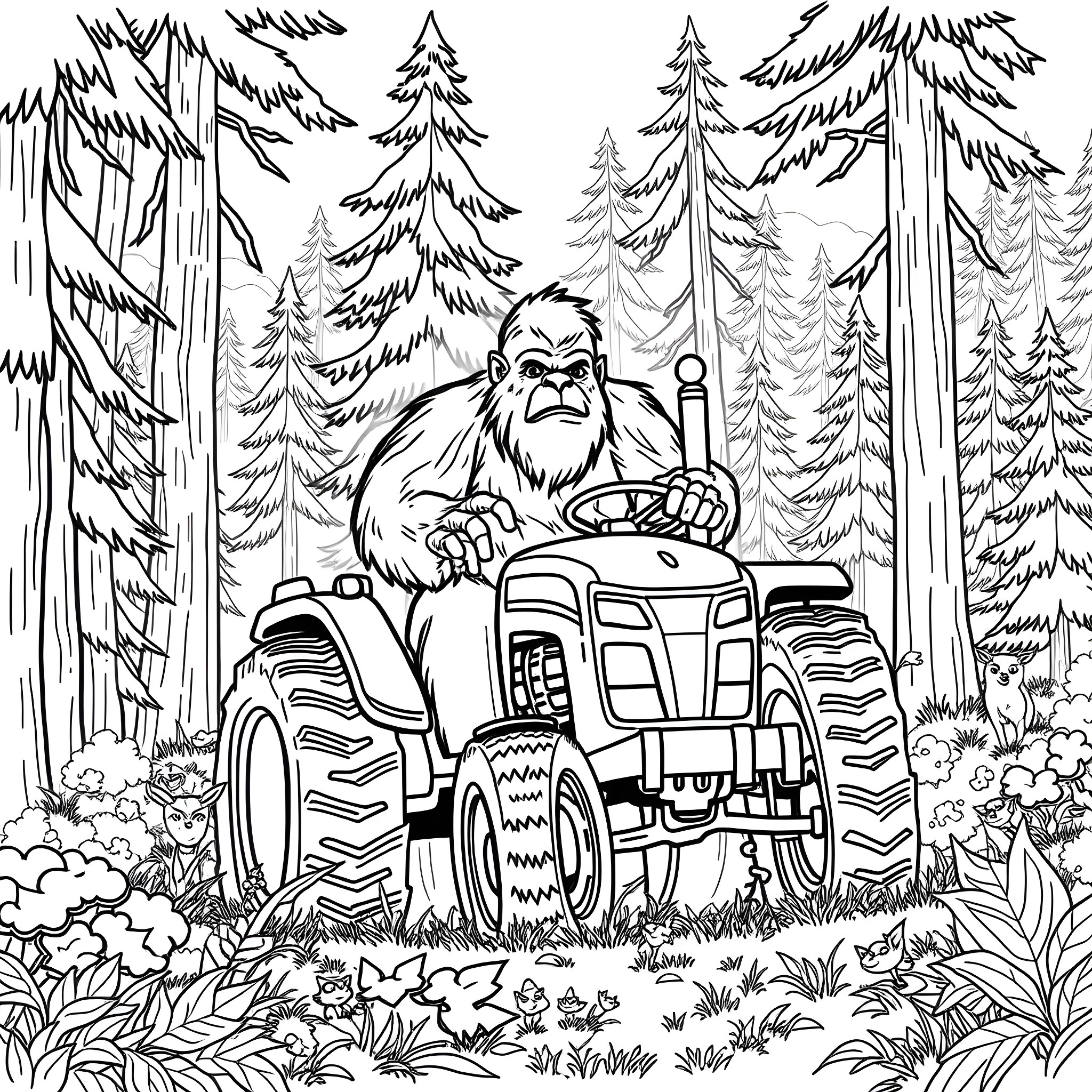 Bigfoot driving a tractor in the forest Coloring Page (free black-and-white line drawing printable PDF for all, from beginners to advanced learners, including children, teens, adults, and seniors)