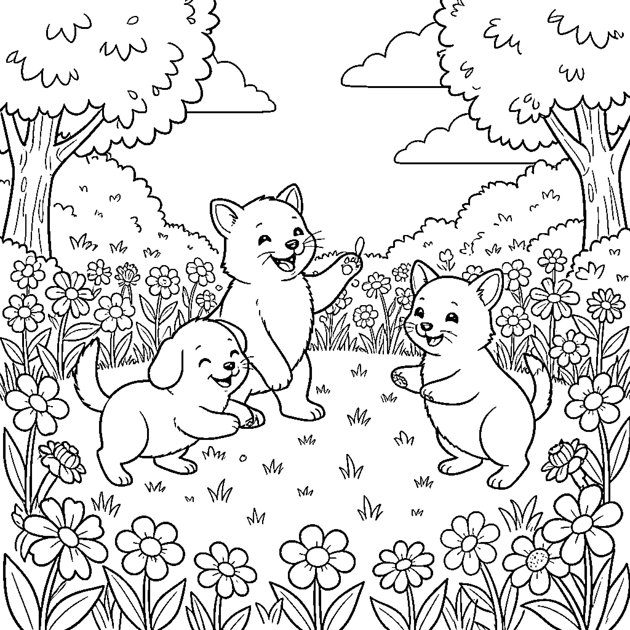 Animal Rabbits Playing in Floral Meadow Coloring Page (free black-and-white line drawing printable PDF for all, from beginners to advanced learners, including children, teens, adults, and seniors)