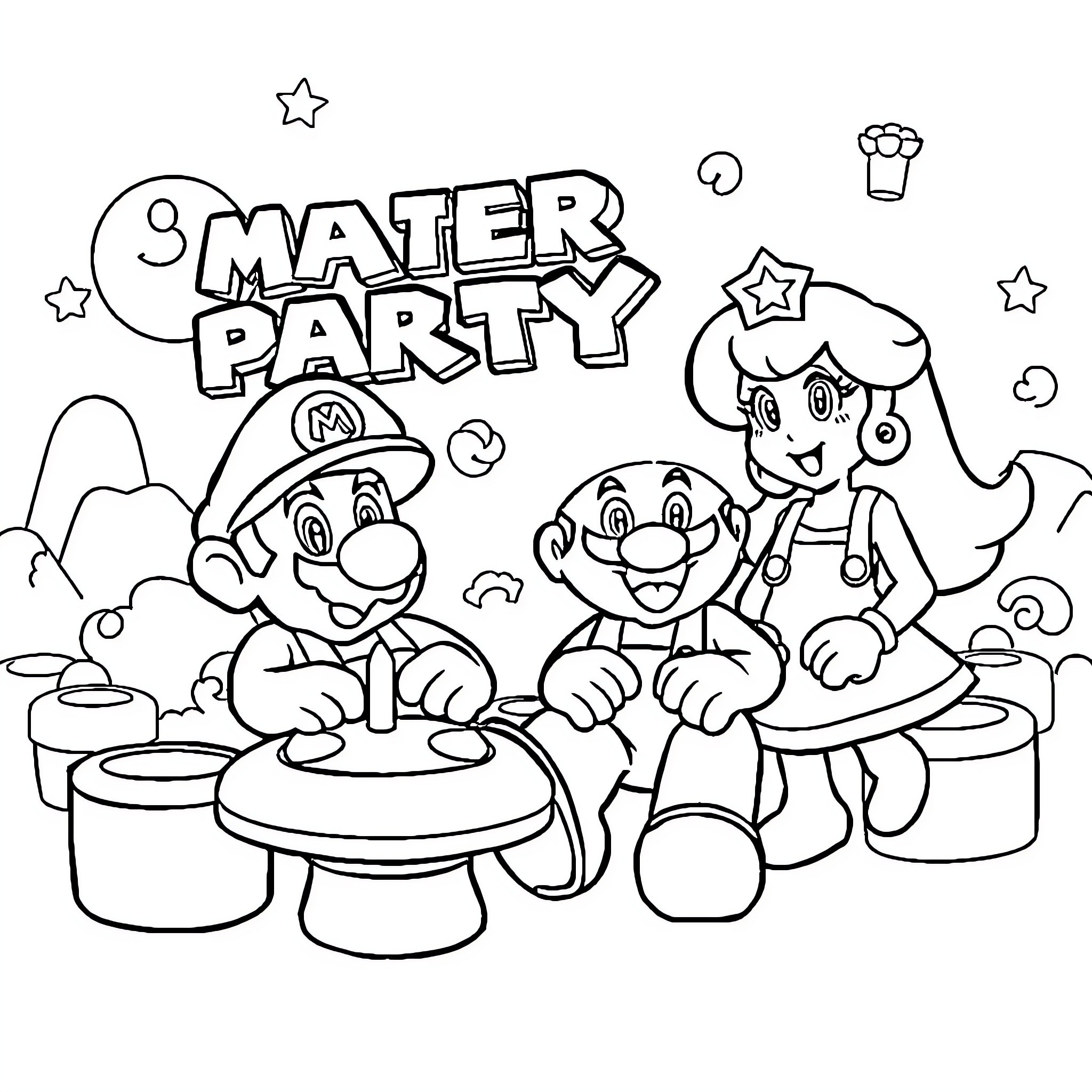 Mario and Friends Hosting a Lively Party Coloring Page (free black-and-white line drawing printable PDF for all, from beginners to advanced learners, including children, teens, adults, and seniors)