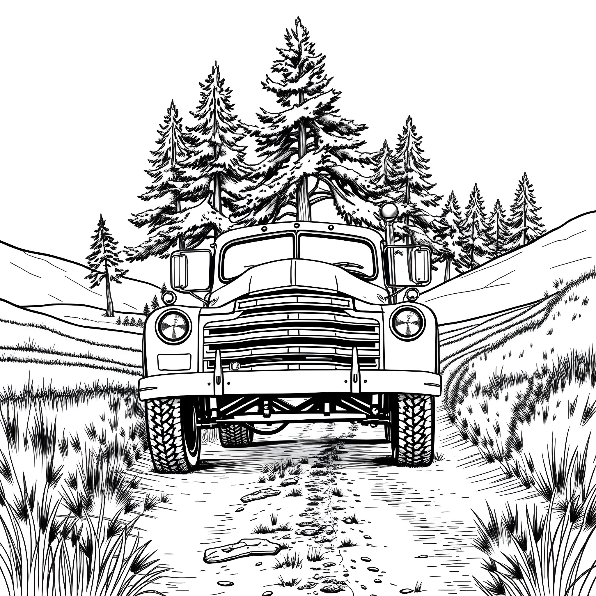 Truck carrying gear through snowy mountain landscape Coloring Page (free black-and-white line drawing printable PDF for all, from beginners to advanced learners, including children, teens, adults, and seniors)