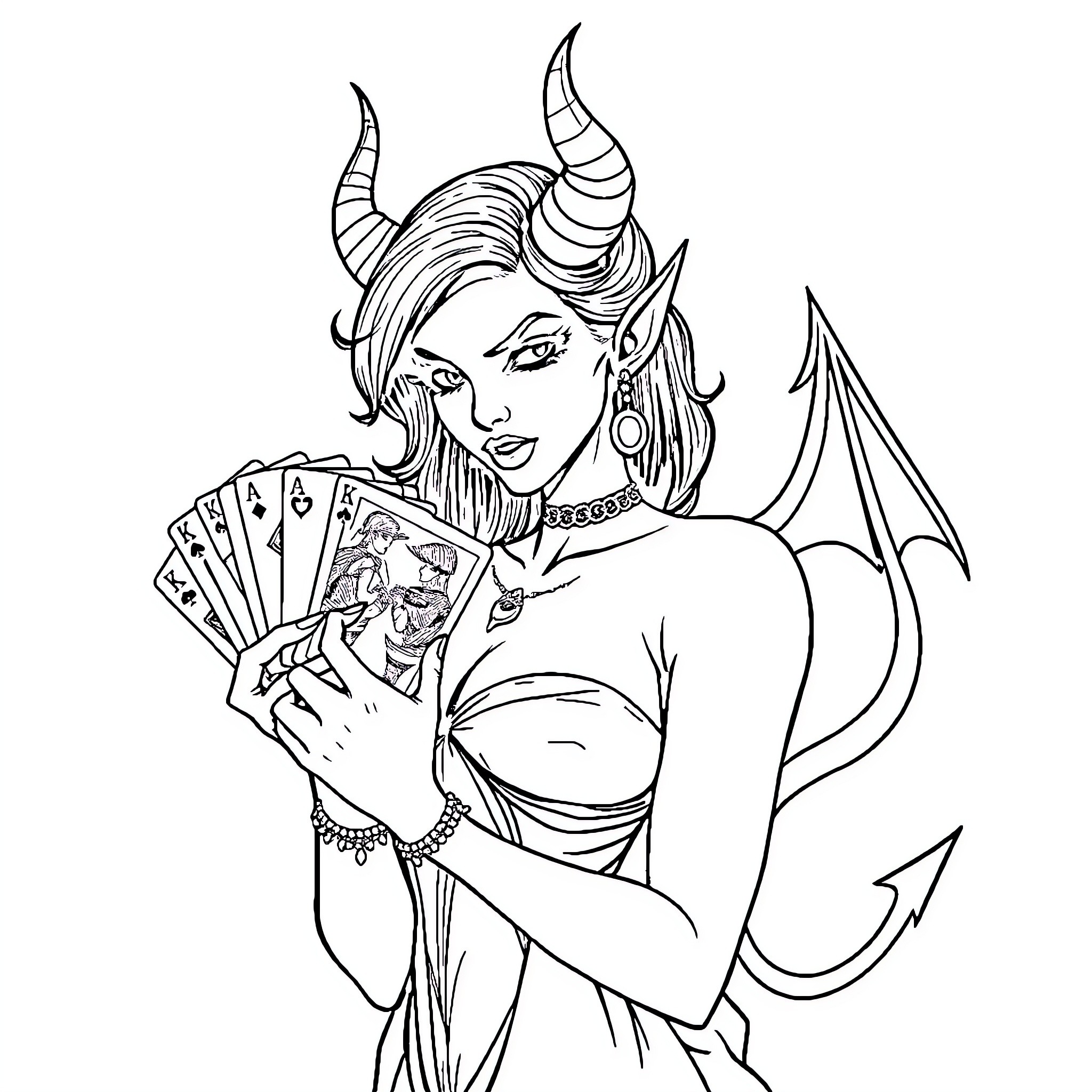 Devil Temptress Flaunting Devilish Charm with Playing Cards Coloring Page (free black-and-white line drawing printable PDF for all, from beginners to advanced learners, including children, teens, adults, and seniors)