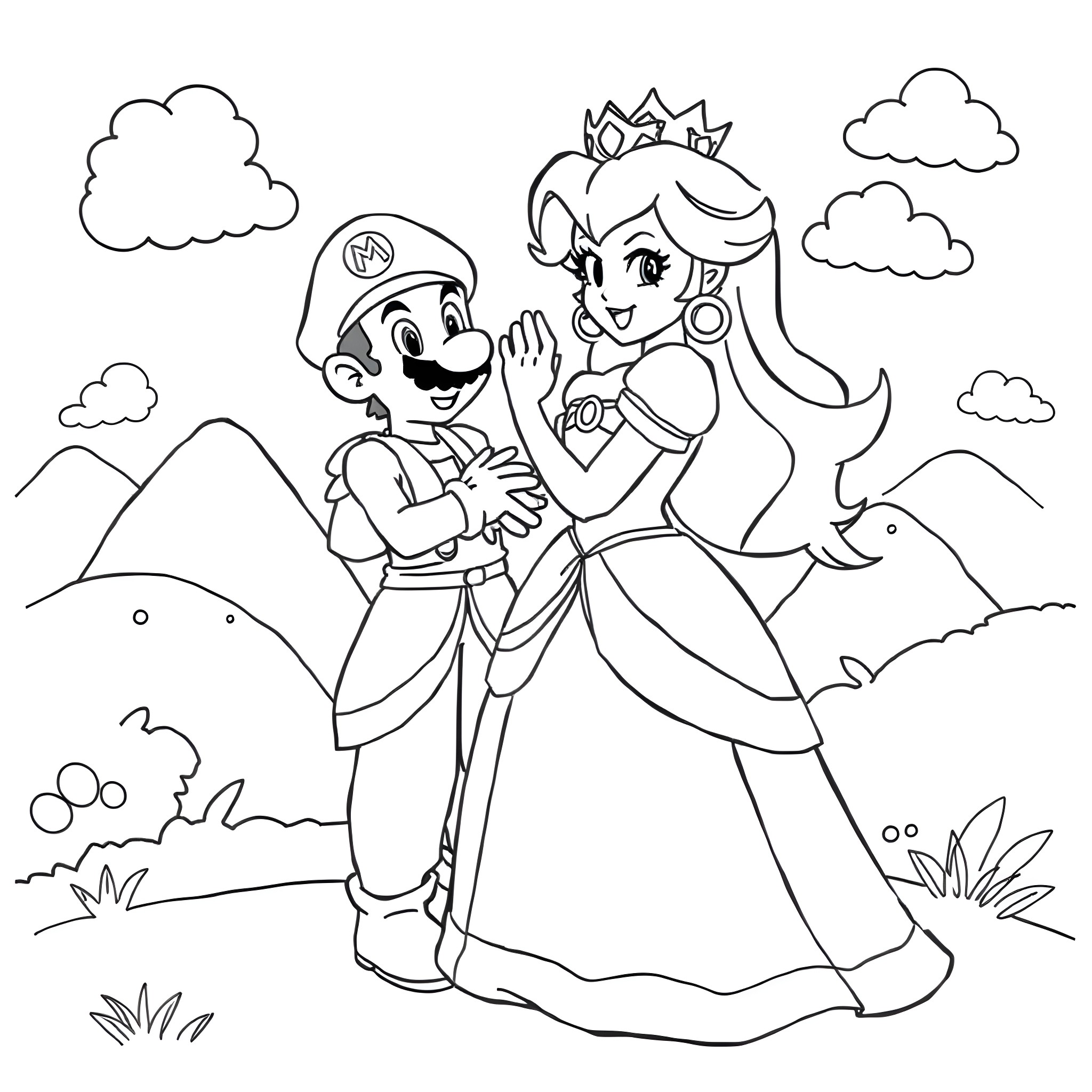 Princess Peach and Mario in an outdoor adventure Coloring Page (free black-and-white line drawing printable PDF for all, from beginners to advanced learners, including children, teens, adults, and seniors)