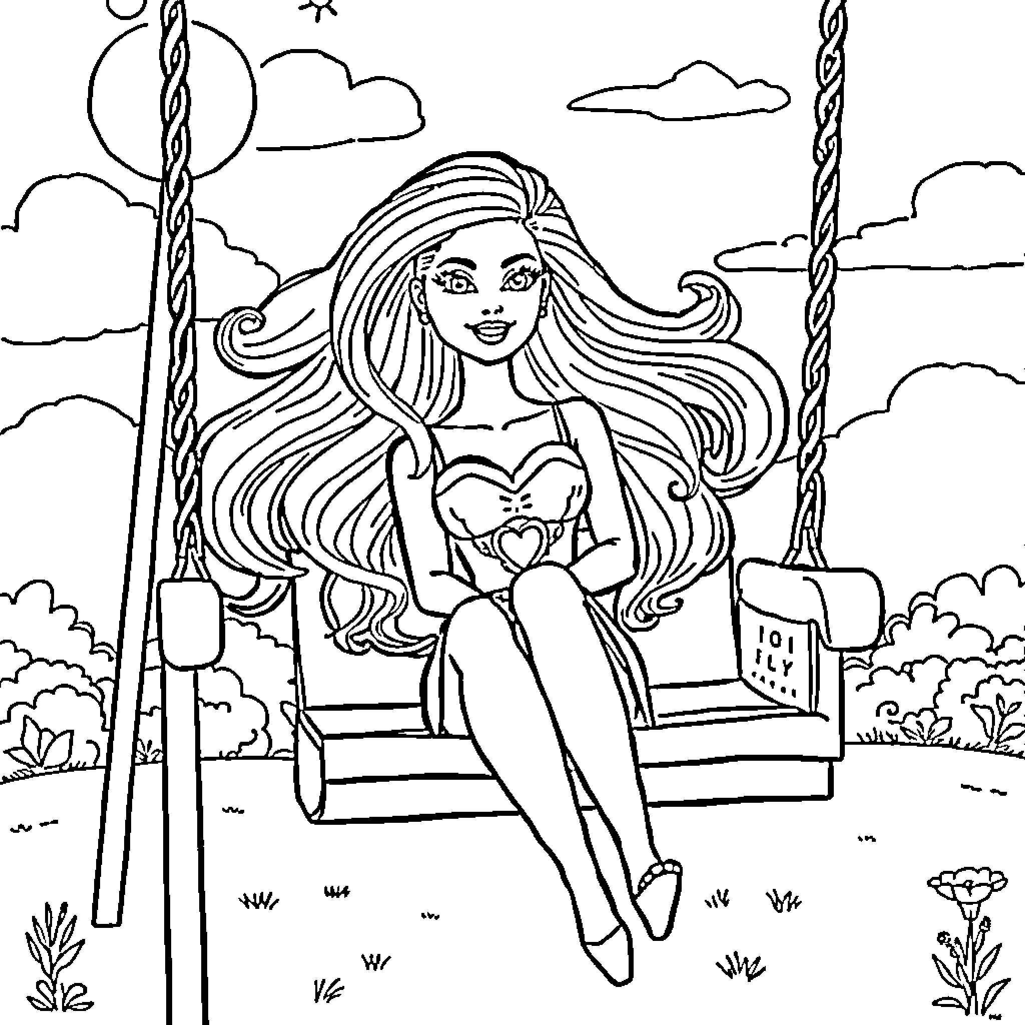 Barbie enjoying a relaxing day on the swing Coloring Page (free black-and-white line drawing printable PDF for all, from beginners to advanced learners, including children, teens, adults, and seniors)