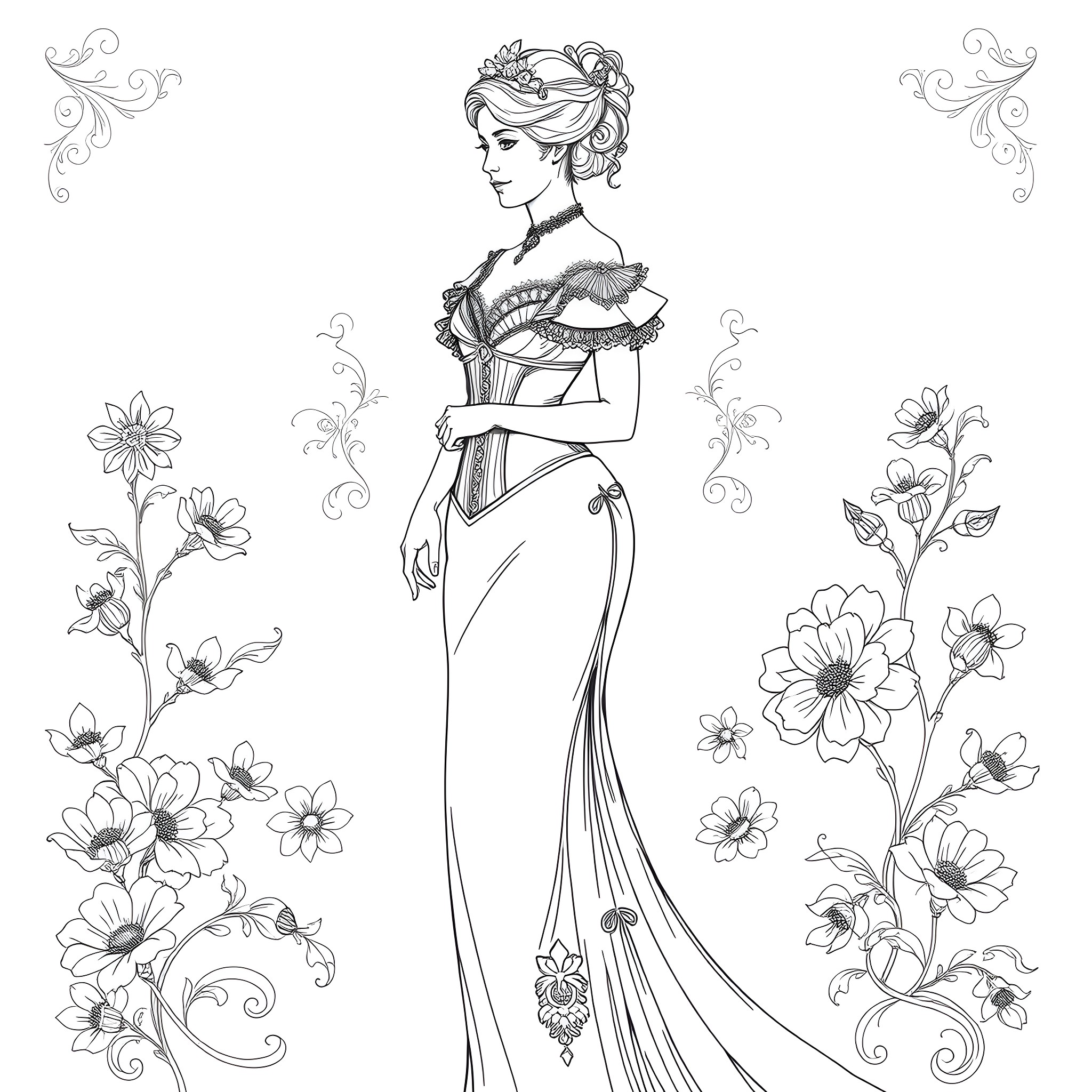 Lady in elegant floral dress posing gracefully Coloring Page (free black-and-white line drawing printable PDF for all, from beginners to advanced learners, including children, teens, adults, and seniors)