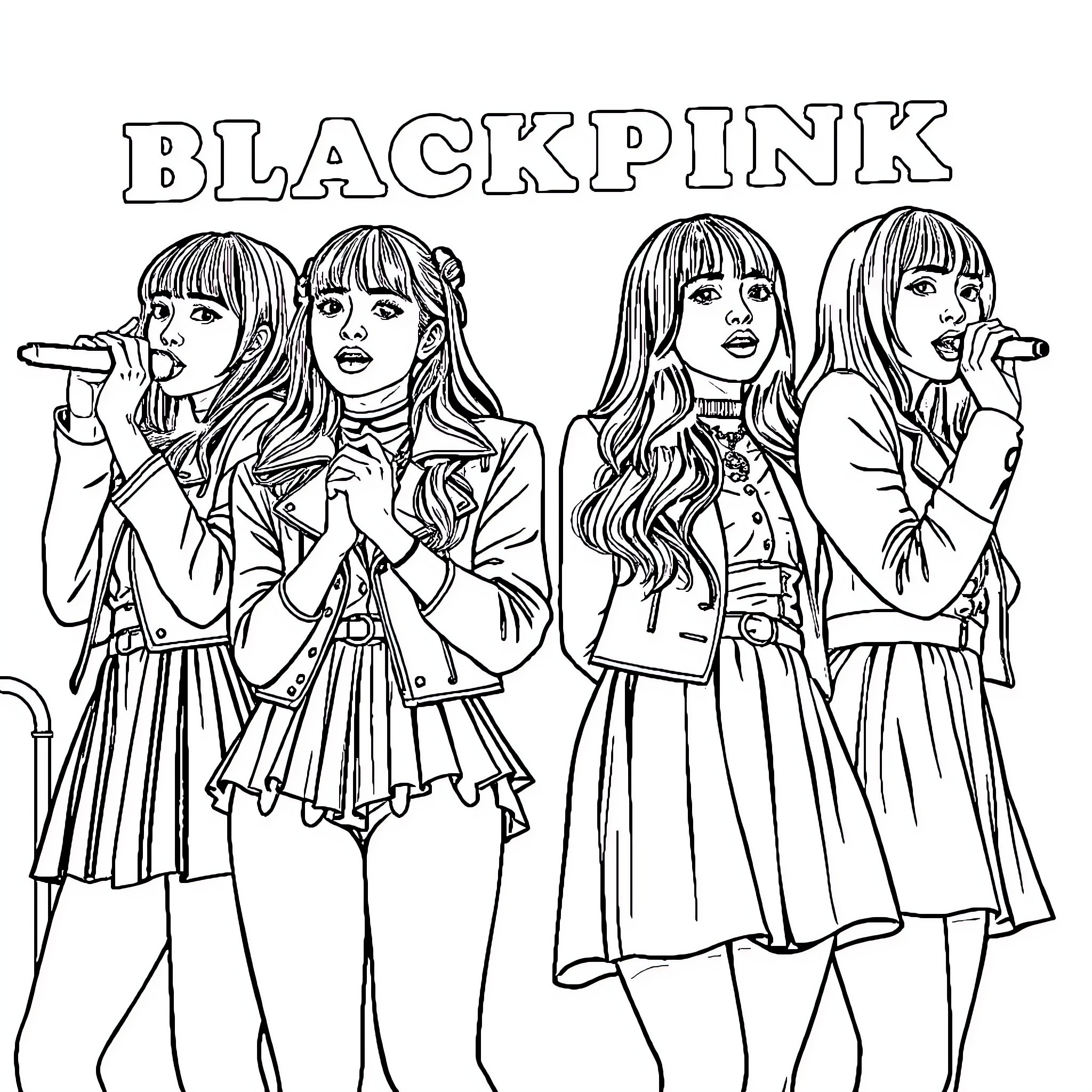 Blackpink performing on stage in stylish outfits Coloring Page (free black-and-white line drawing printable PDF for all, from beginners to advanced learners, including children, teens, adults, and seniors)