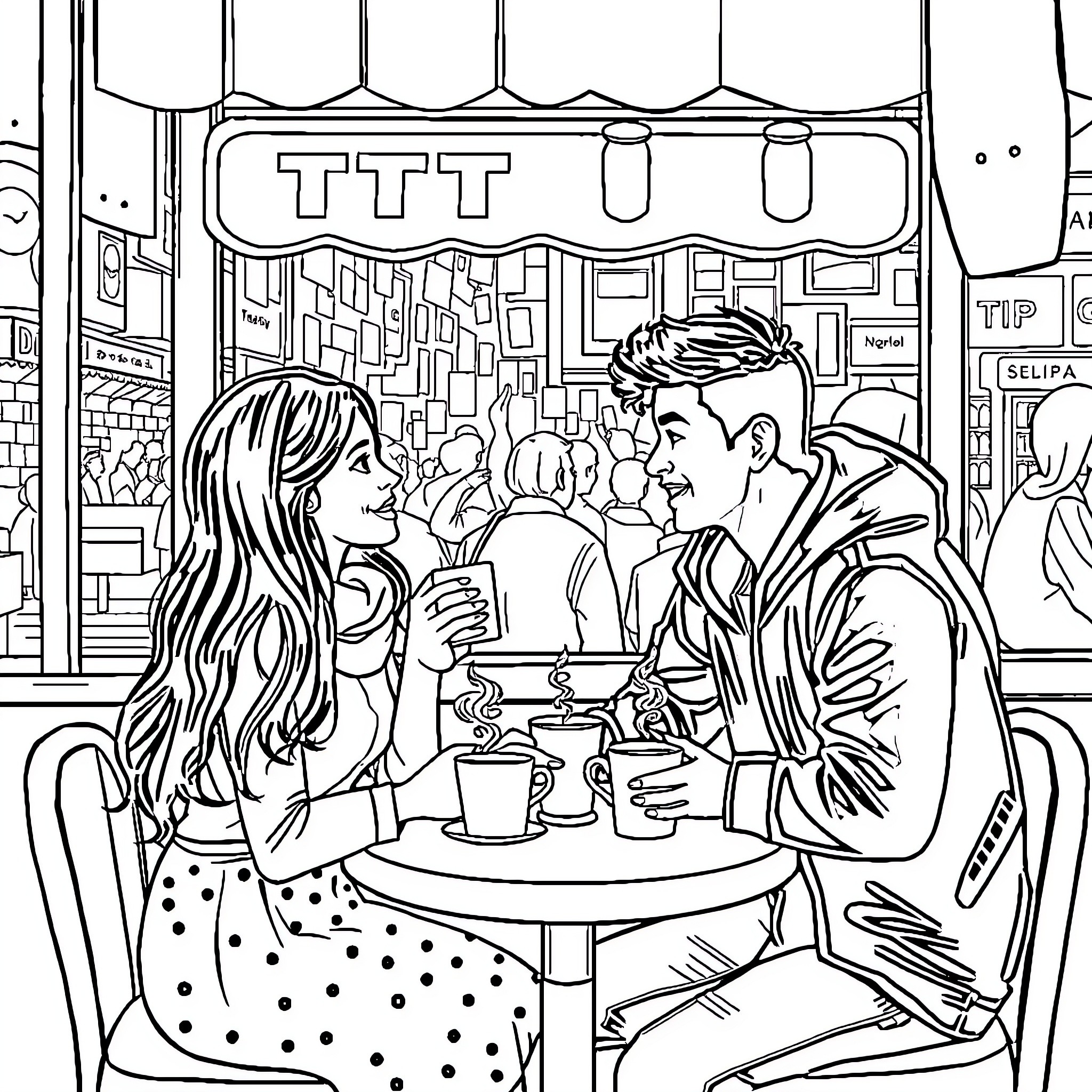 Couple enjoying drinks at a cafe Coloring Page (free black-and-white line drawing printable PDF for all, from beginners to advanced learners, including children, teens, adults, and seniors)