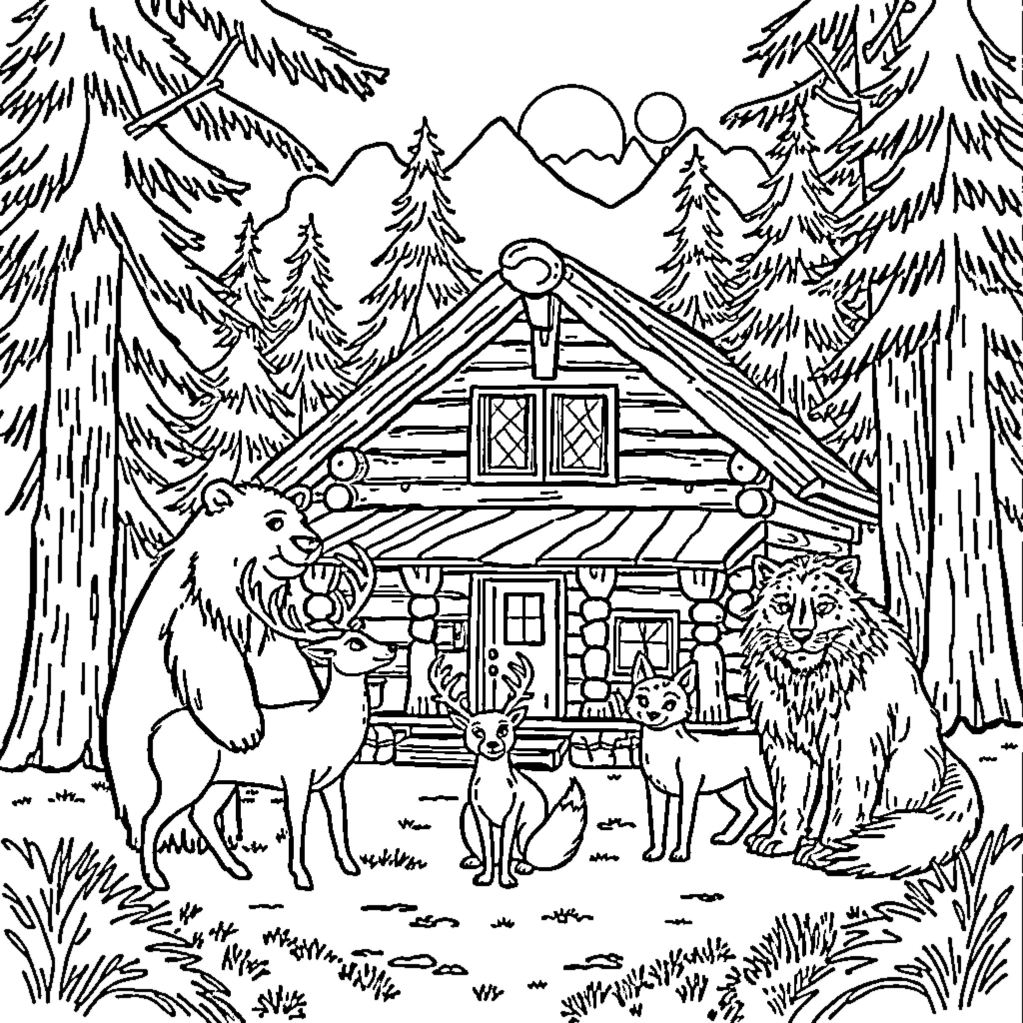 Animals in the Cozy Forest Cabin Coloring Page (free black-and-white line drawing printable PDF for all, from beginners to advanced learners, including children, teens, adults, and seniors)