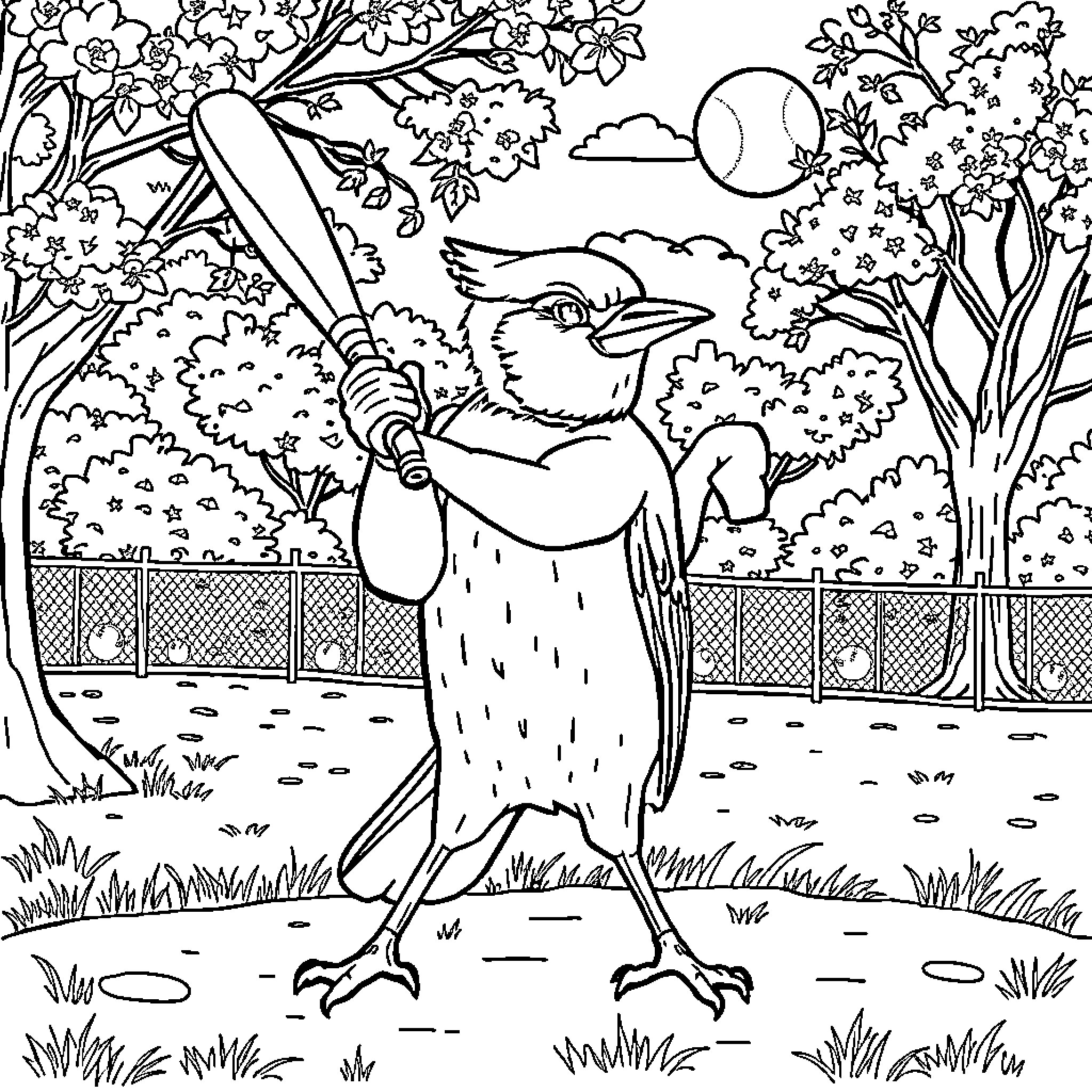 Blue Jay Playing Baseball in the Park Coloring Page (free black-and-white line drawing printable PDF for all, from beginners to advanced learners, including children, teens, adults, and seniors)