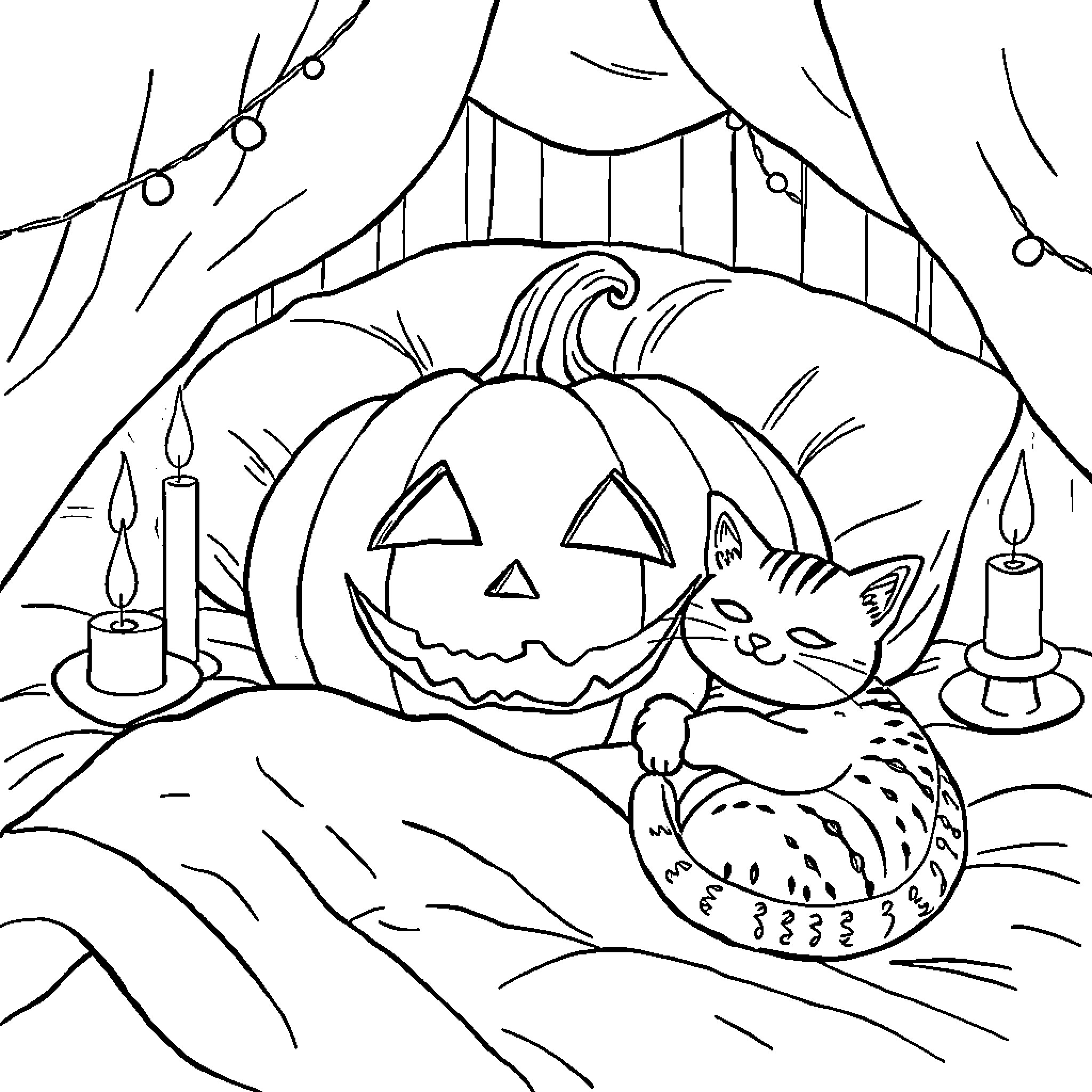 Pumpkin and Kitten in Spooky Scene Coloring Page (free black-and-white line drawing printable PDF for all, from beginners to advanced learners, including children, teens, adults, and seniors)