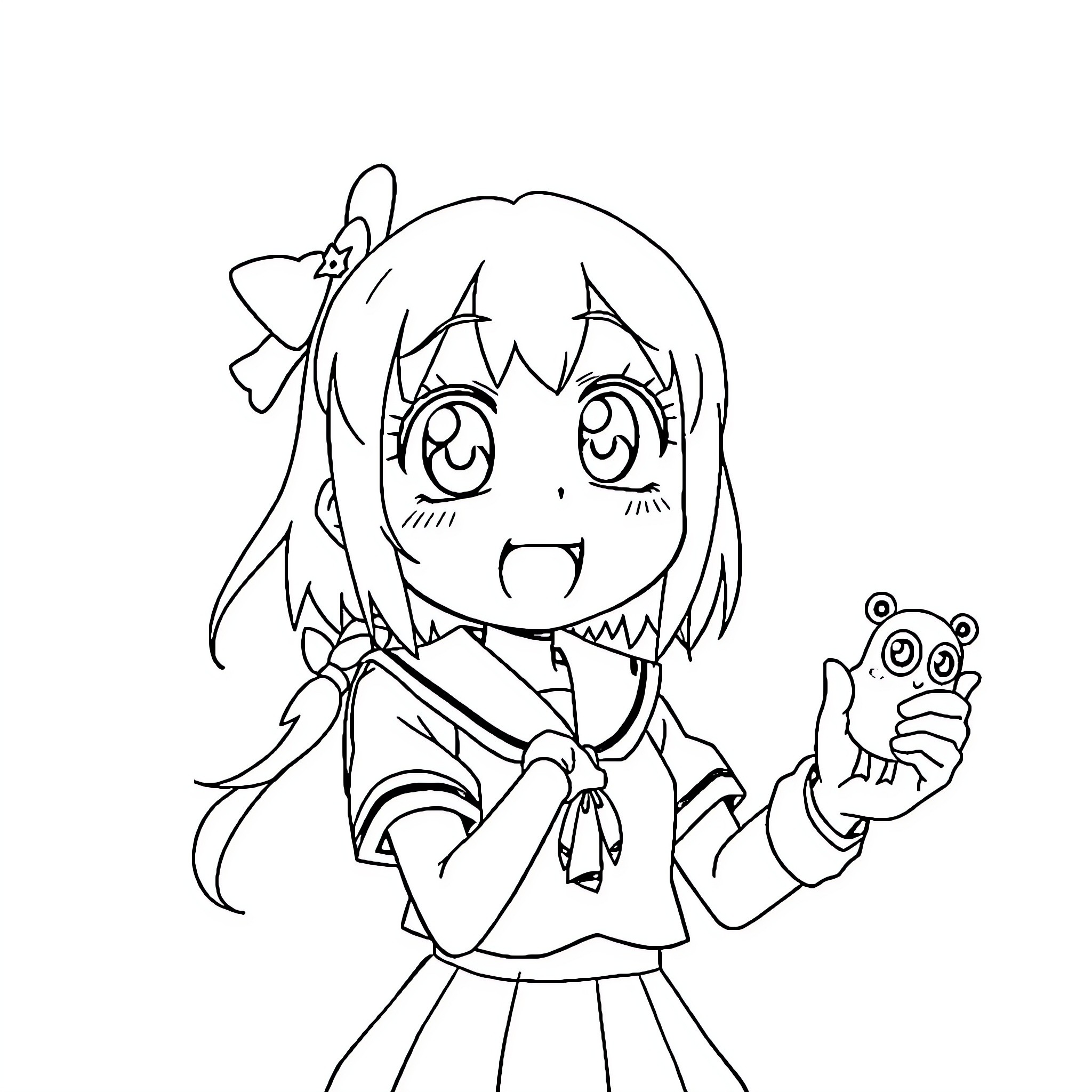 Anya Forger's Cheerful Anime-Style Illustration Coloring Page (free black-and-white line drawing printable PDF for all, from beginners to advanced learners, including children, teens, adults, and seniors)