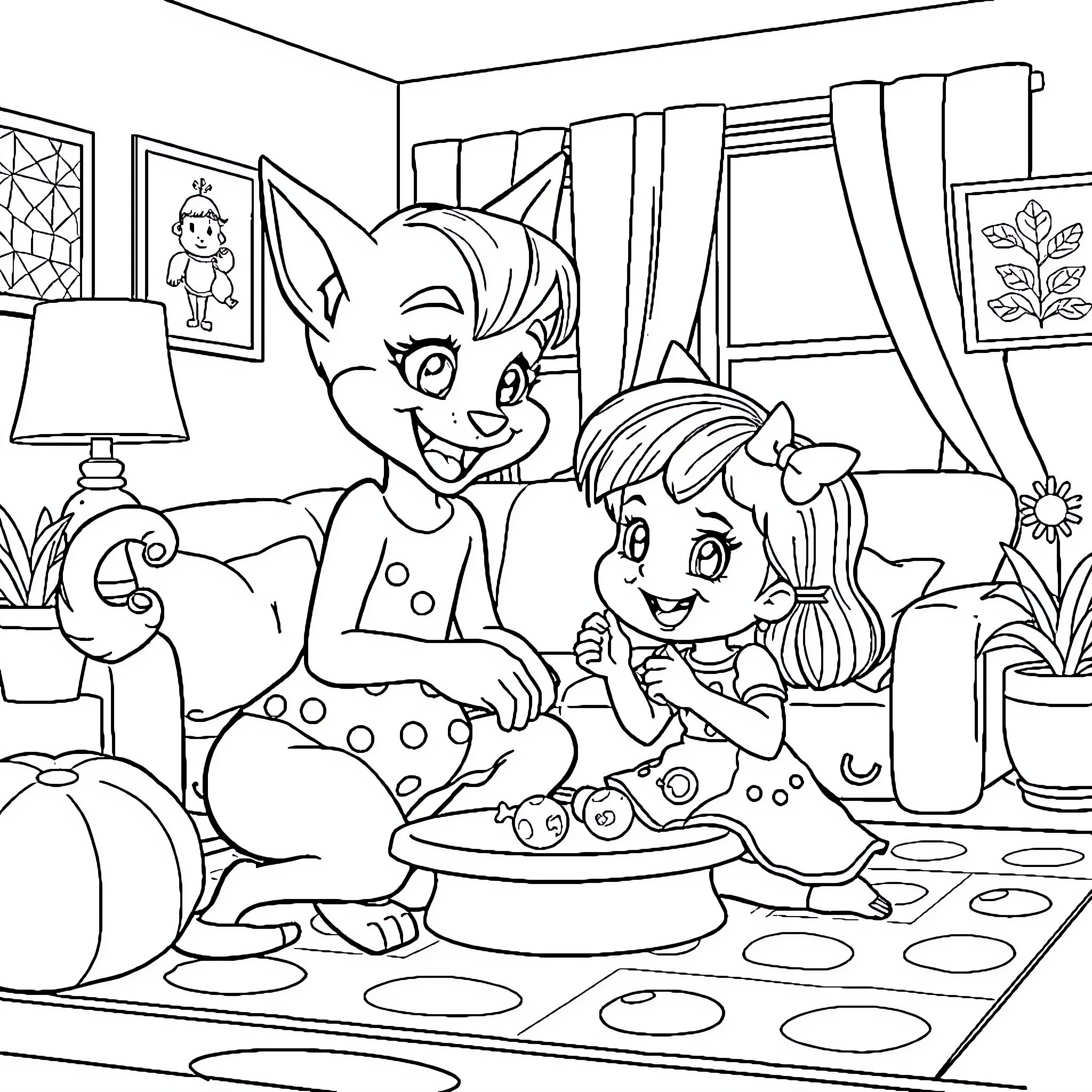 Bluey's Fun Indoor Play Date Coloring Page (free black-and-white line drawing printable PDF for all, from beginners to advanced learners, including children, teens, adults, and seniors)