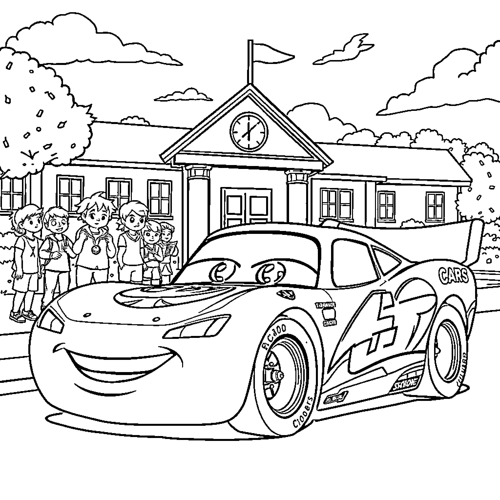 Lightning McQueen racing at the school festival Coloring Page (free black-and-white line drawing printable PDF for all, from beginners to advanced learners, including children, teens, adults, and seniors)