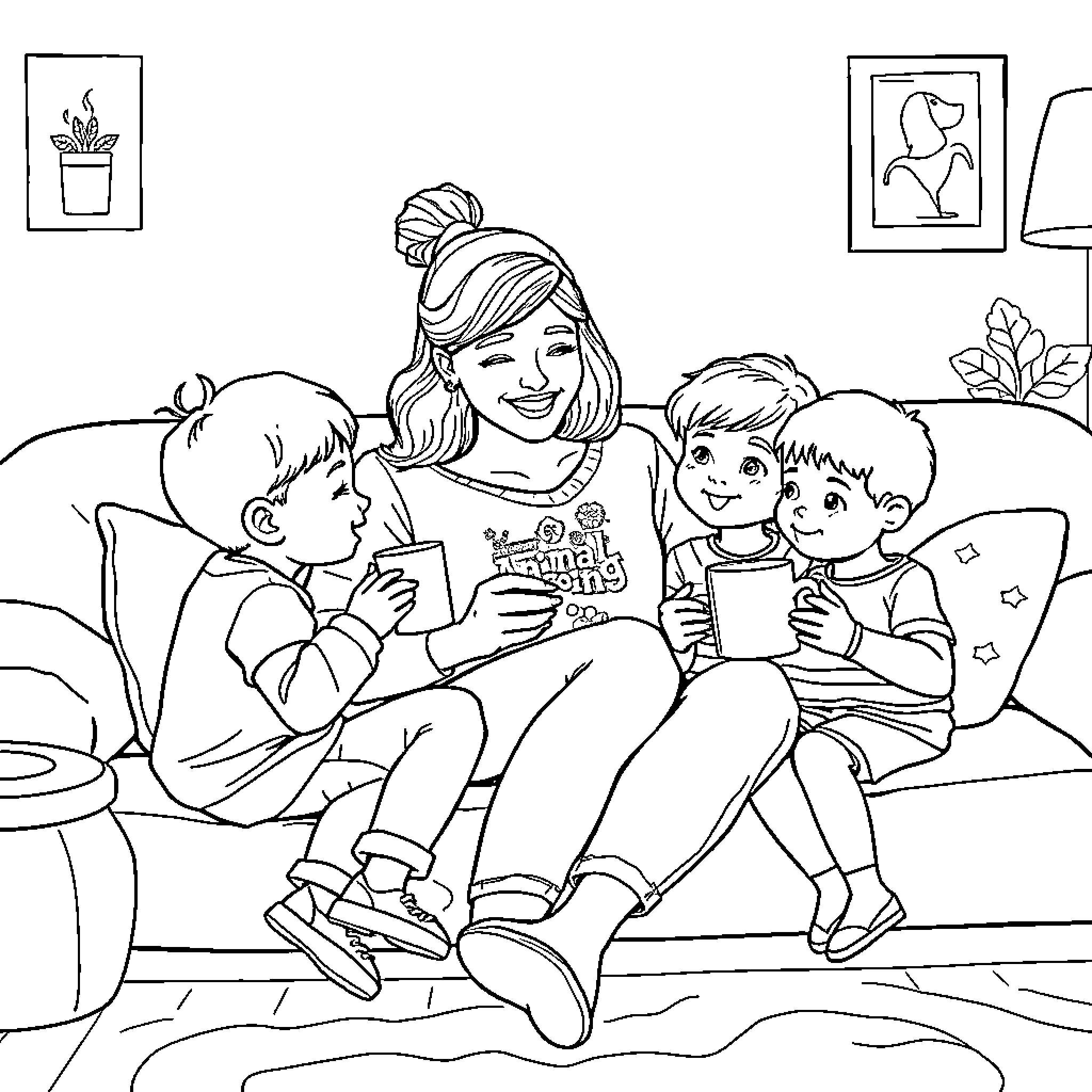 Mother reading with her children on the couch Coloring Page (free black-and-white line drawing printable PDF for all, from beginners to advanced learners, including children, teens, adults, and seniors)