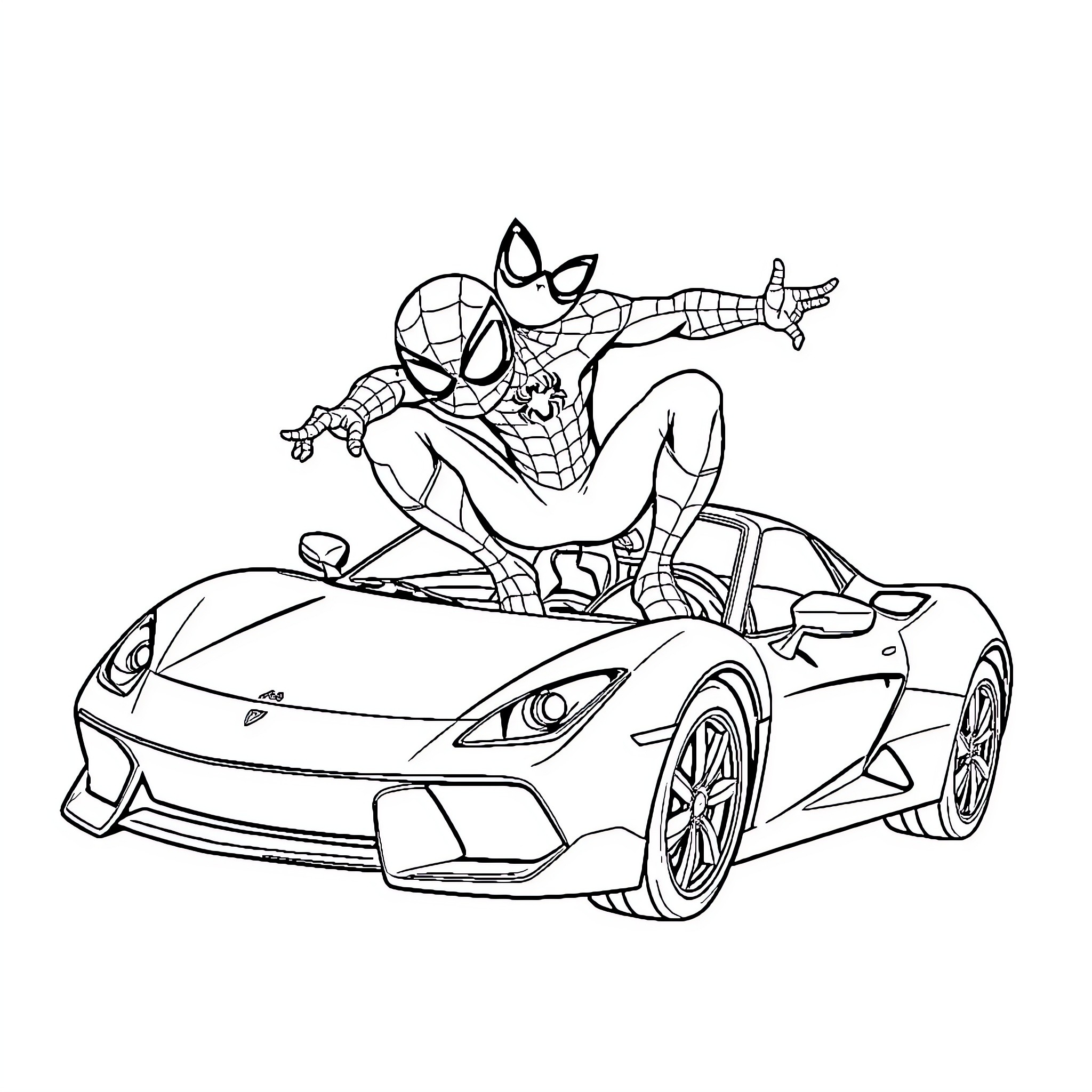 Spiderman Swinging on Web Over Sports Car Coloring Page (free black-and-white line drawing printable PDF for all, from beginners to advanced learners, including children, teens, adults, and seniors)