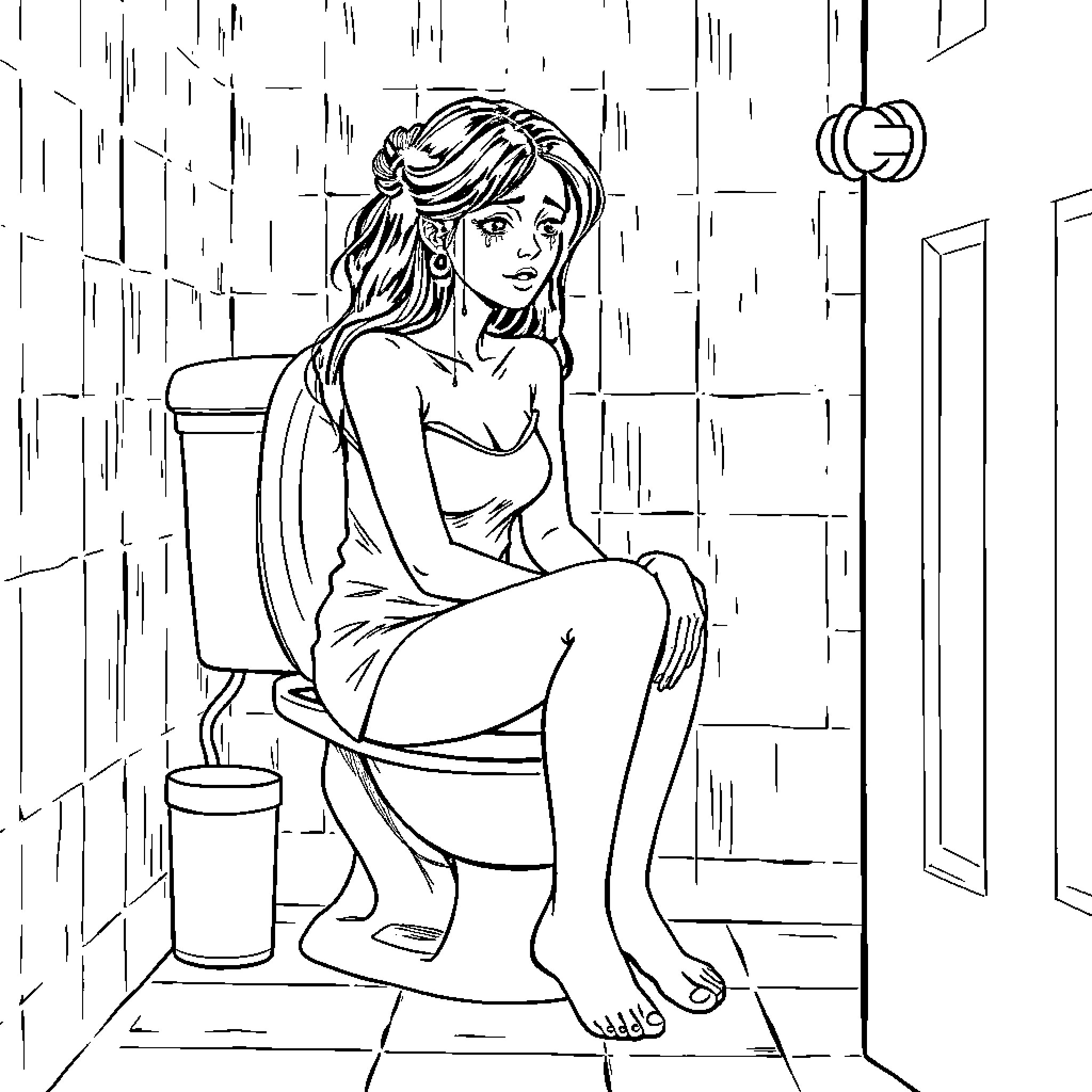 Woman sitting alone in a dark room Coloring Page (free black-and-white line drawing printable PDF for all, from beginners to advanced learners, including children, teens, adults, and seniors)