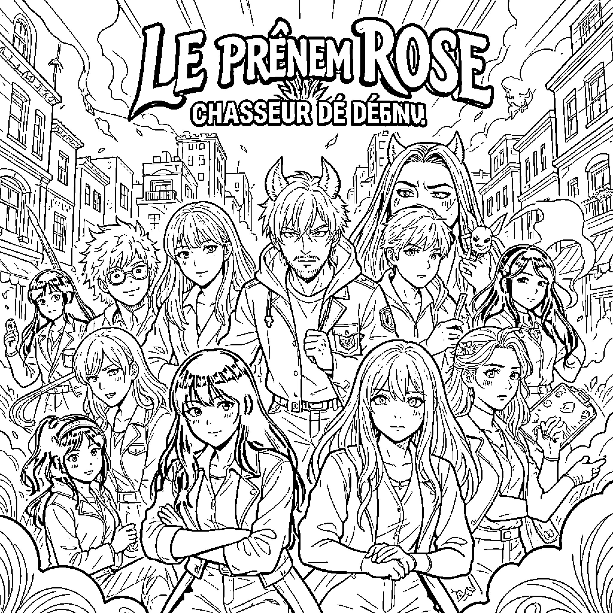 Rose characters gathering in a bustling urban scene Coloring Page (free black-and-white line drawing printable PDF for all, from beginners to advanced learners, including children, teens, adults, and seniors)