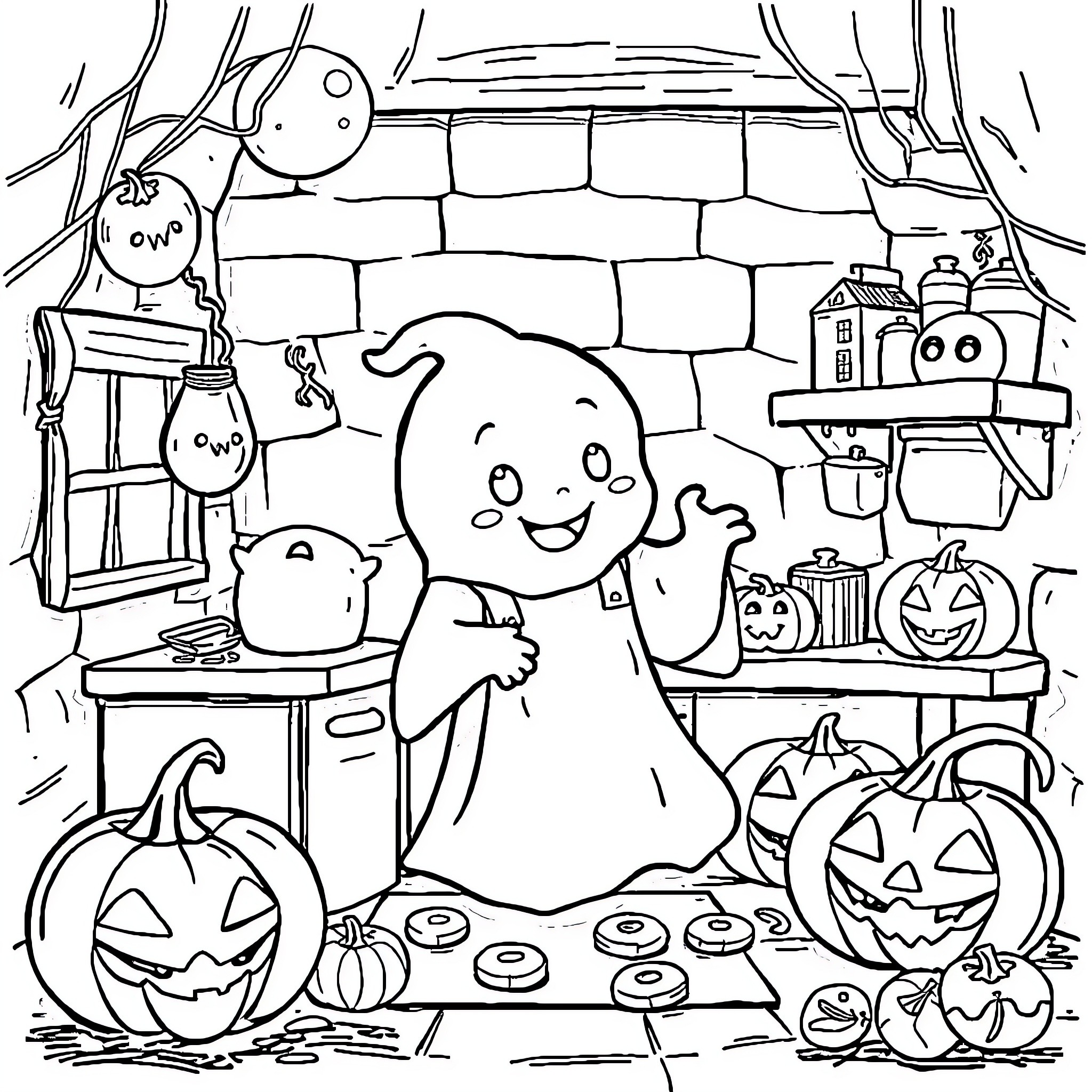 Ghost baking cookies in spooky kitchen Coloring Page (free black-and-white line drawing printable PDF for all, from beginners to advanced learners, including children, teens, adults, and seniors)