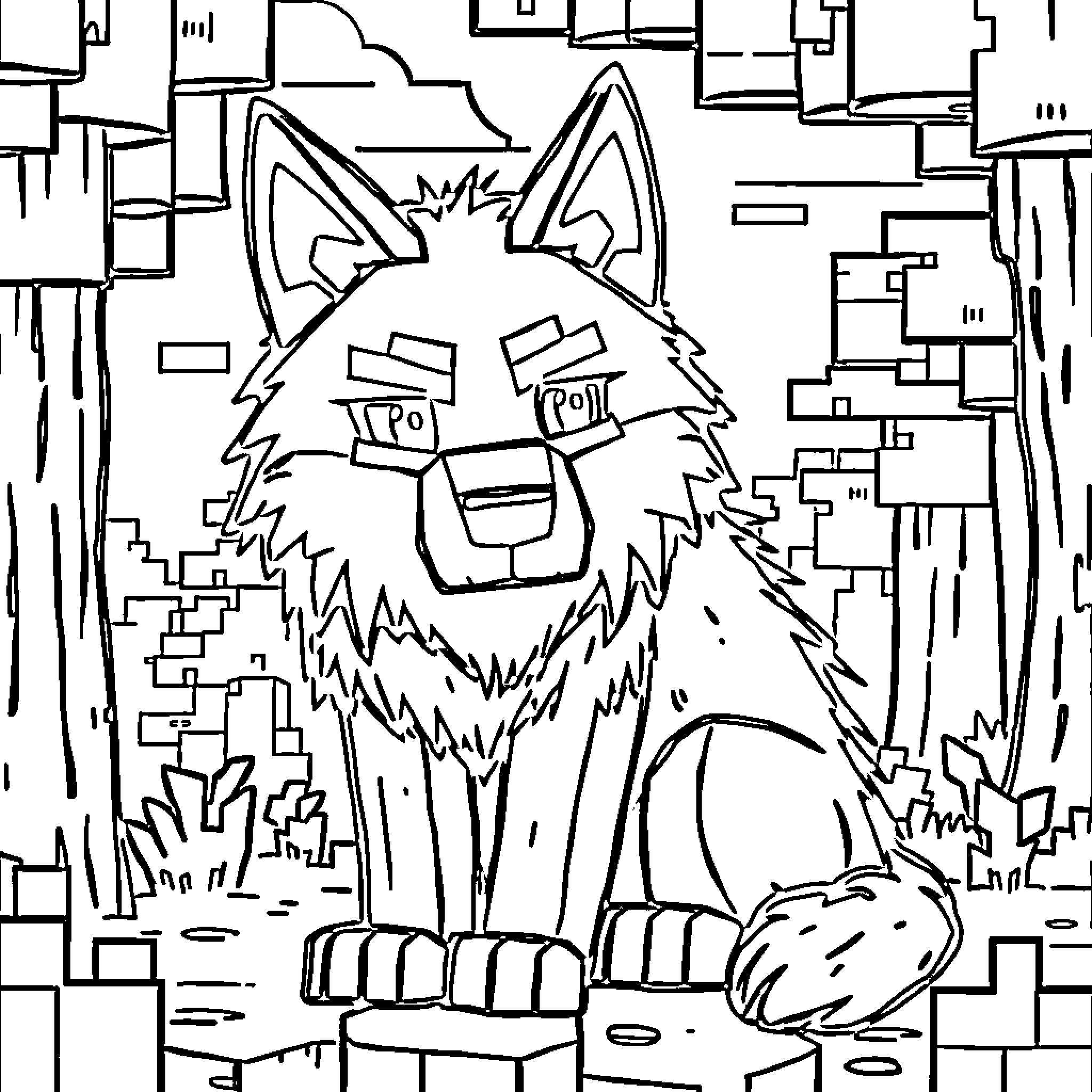 Wolf in Abstract Geometric Landscape Coloring Page (free black-and-white line drawing printable PDF for all, from beginners to advanced learners, including children, teens, adults, and seniors)