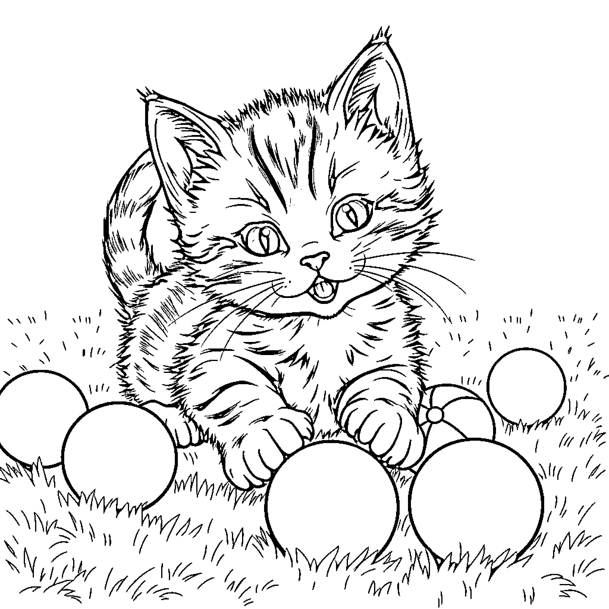 Kitten playing in the grass Coloring Page (free black-and-white line drawing printable PDF for all, from beginners to advanced learners, including children, teens, adults, and seniors)