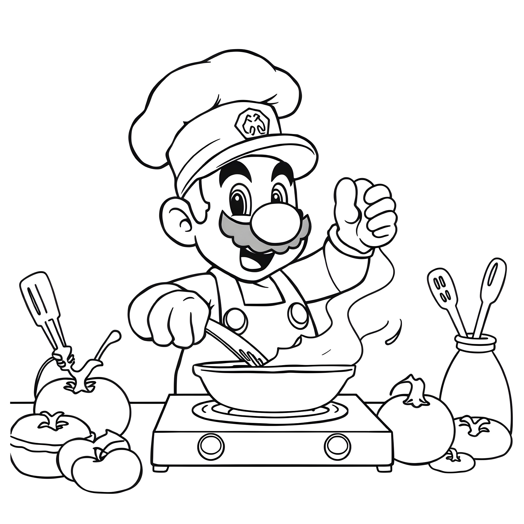 Mario, the Cheerful Chef, Prepares Delicious Meals Coloring Page (free black-and-white line drawing printable PDF for all, from beginners to advanced learners, including children, teens, adults, and seniors)
