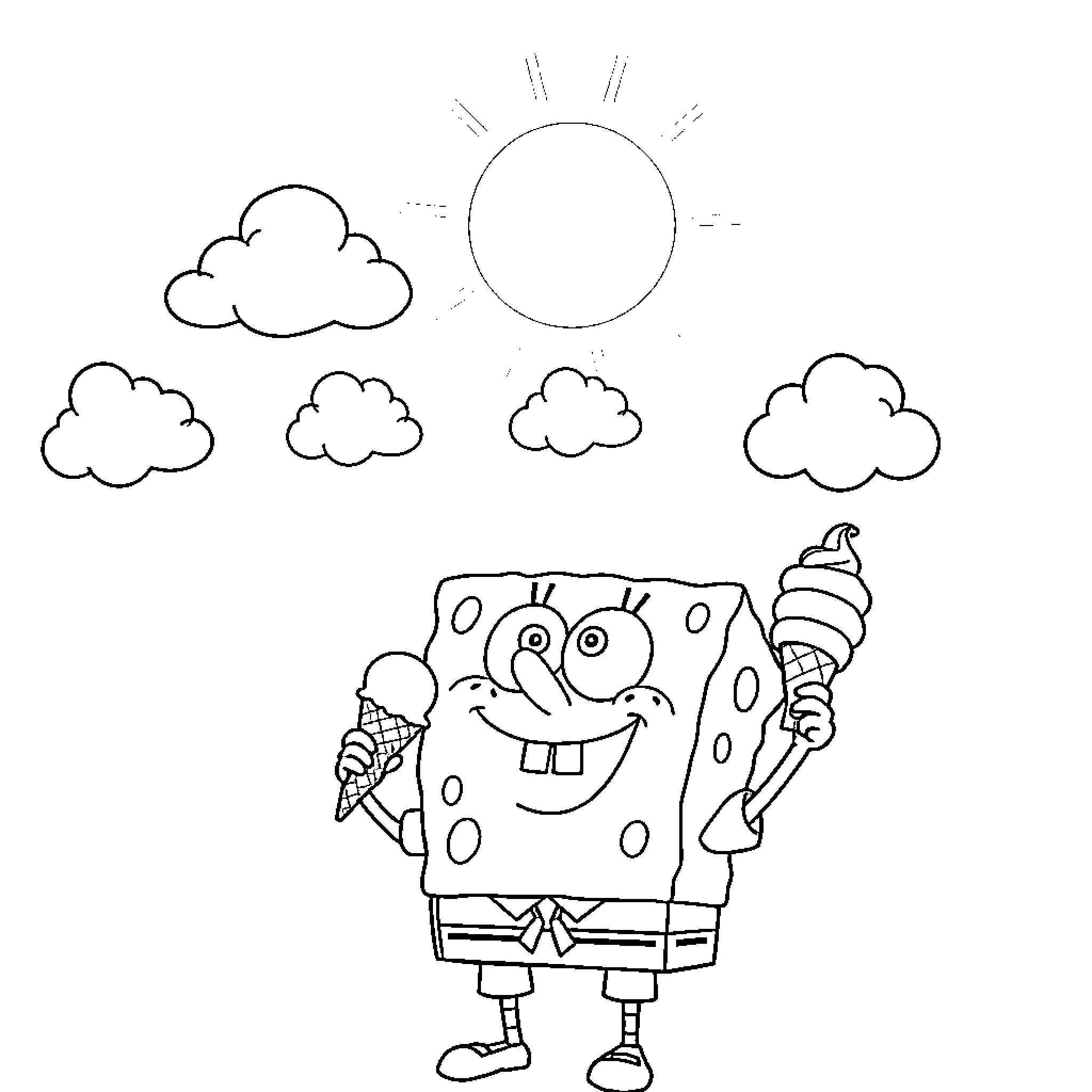 Spongebob enjoying an ice cream day Coloring Page (free black-and-white line drawing printable PDF for all, from beginners to advanced learners, including children, teens, adults, and seniors)