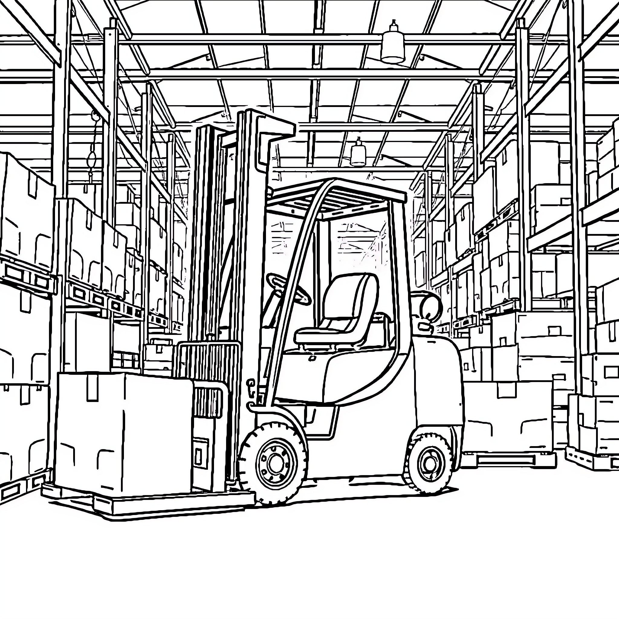 Fork Lift Operator at Work in Warehouse Coloring Page (free black-and-white line drawing printable PDF for all, from beginners to advanced learners, including children, teens, adults, and seniors)
