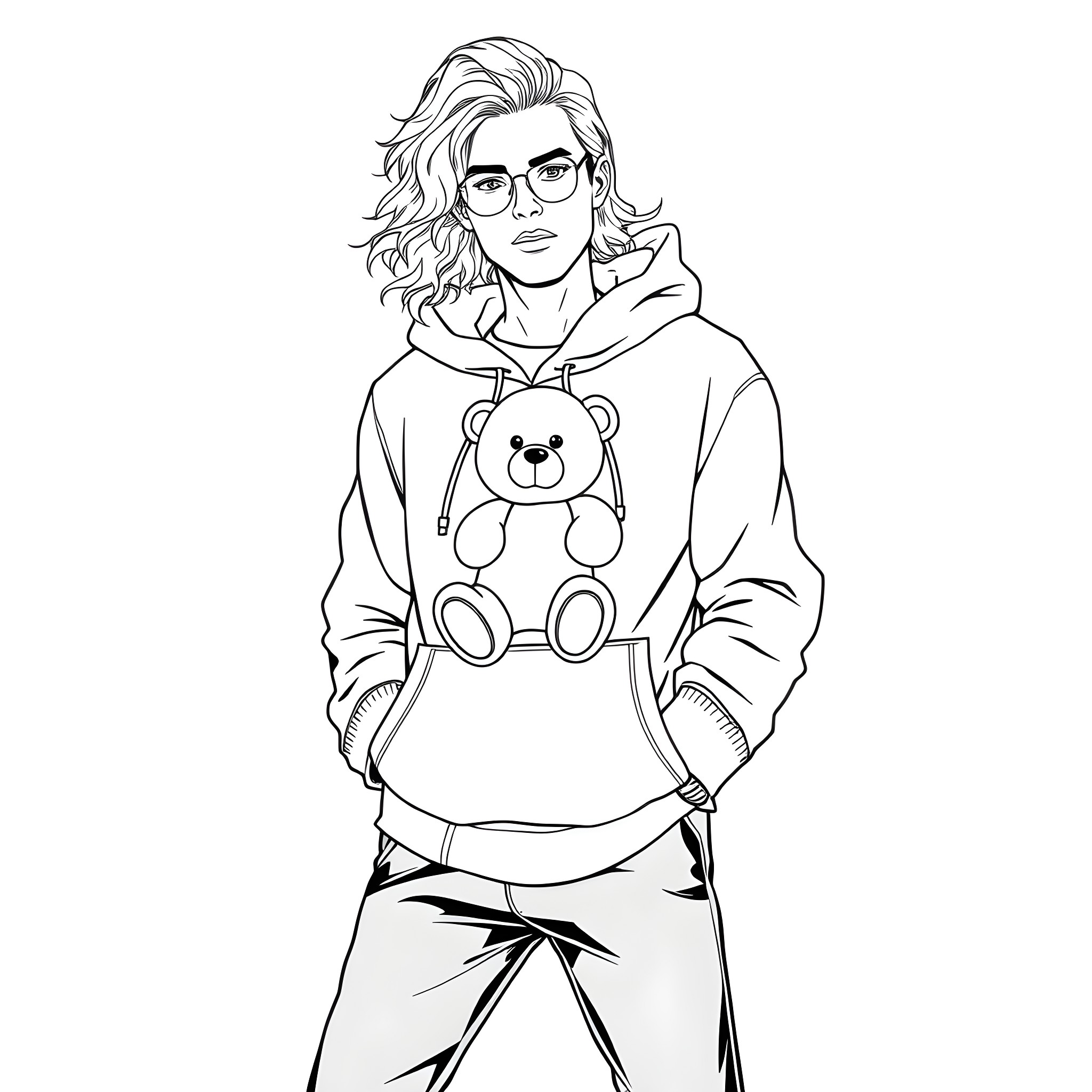 Man in casual outfit holding plush toy Coloring Page (free black-and-white line drawing printable PDF for all, from beginners to advanced learners, including children, teens, adults, and seniors)