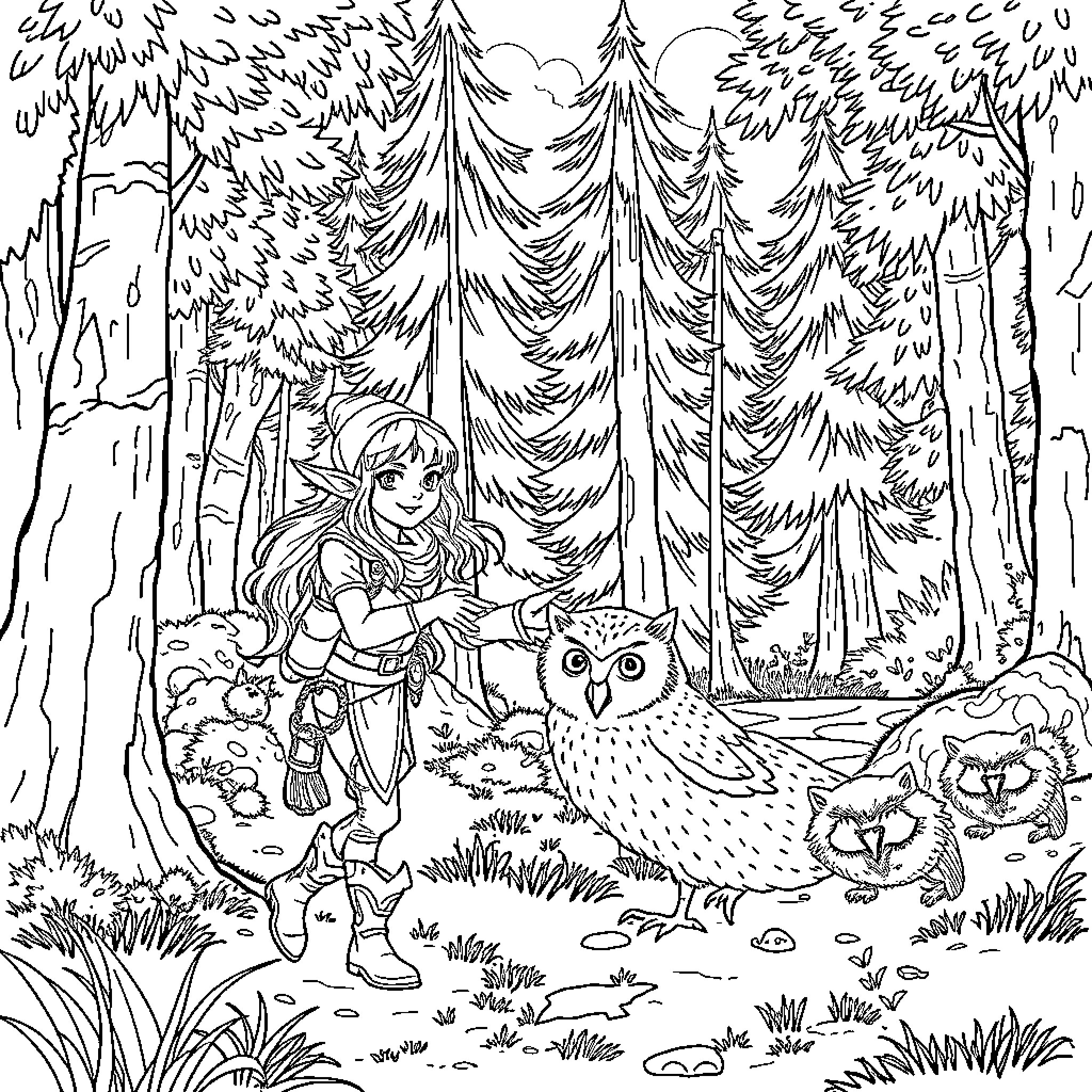 Elf Encounters Woodland Creatures in Enchanted Forest Coloring Page (free black-and-white line drawing printable PDF for all, from beginners to advanced learners, including children, teens, adults, and seniors)