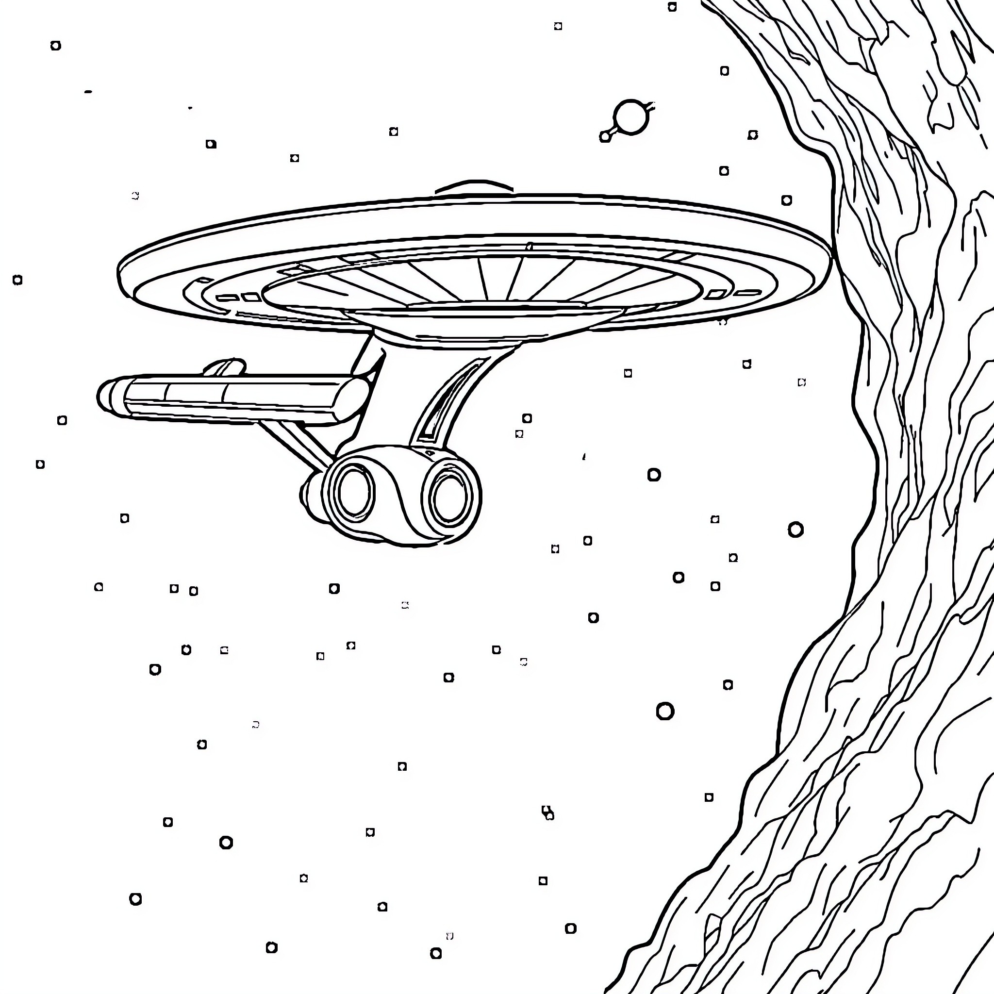 USS Enterprise soaring through the cosmic void Coloring Page (free black-and-white line drawing printable PDF for all, from beginners to advanced learners, including children, teens, adults, and seniors)