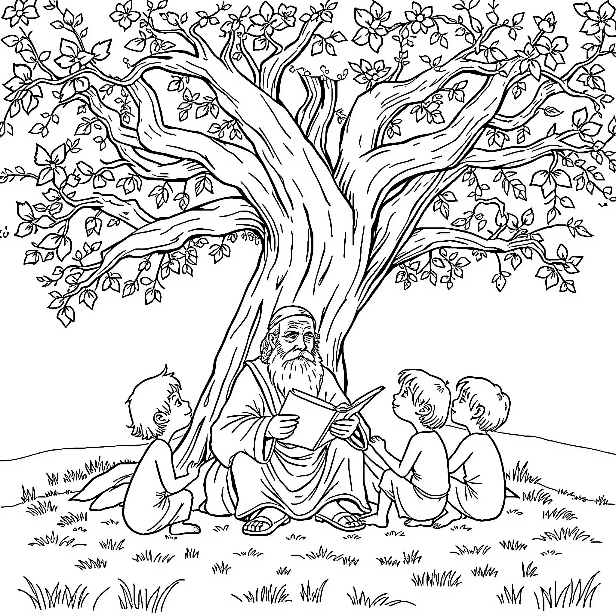 Omero: Wise man teaches children under a blooming tree Coloring Page (free black-and-white line drawing printable PDF for all, from beginners to advanced learners, including children, teens, adults, and seniors)