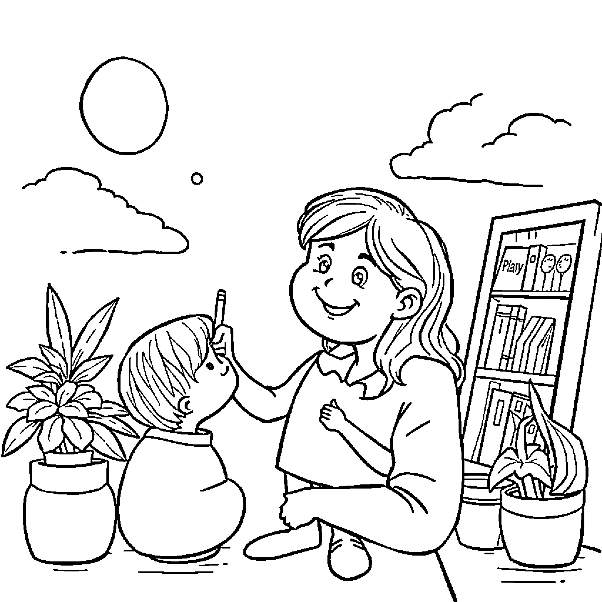 Teacher helps student with gardening project Coloring Page (free black-and-white line drawing printable PDF for all, from beginners to advanced learners, including children, teens, adults, and seniors)