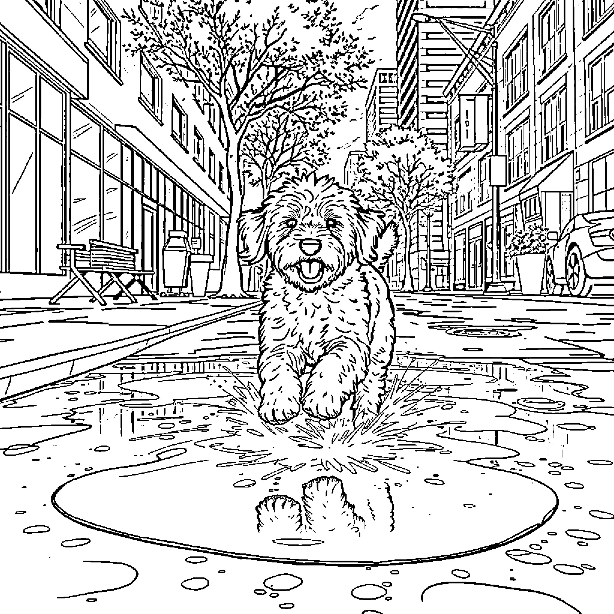 Goldendoodle playing joyfully in urban reflection puddle Coloring Page (free black-and-white line drawing printable PDF for all, from beginners to advanced learners, including children, teens, adults, and seniors)