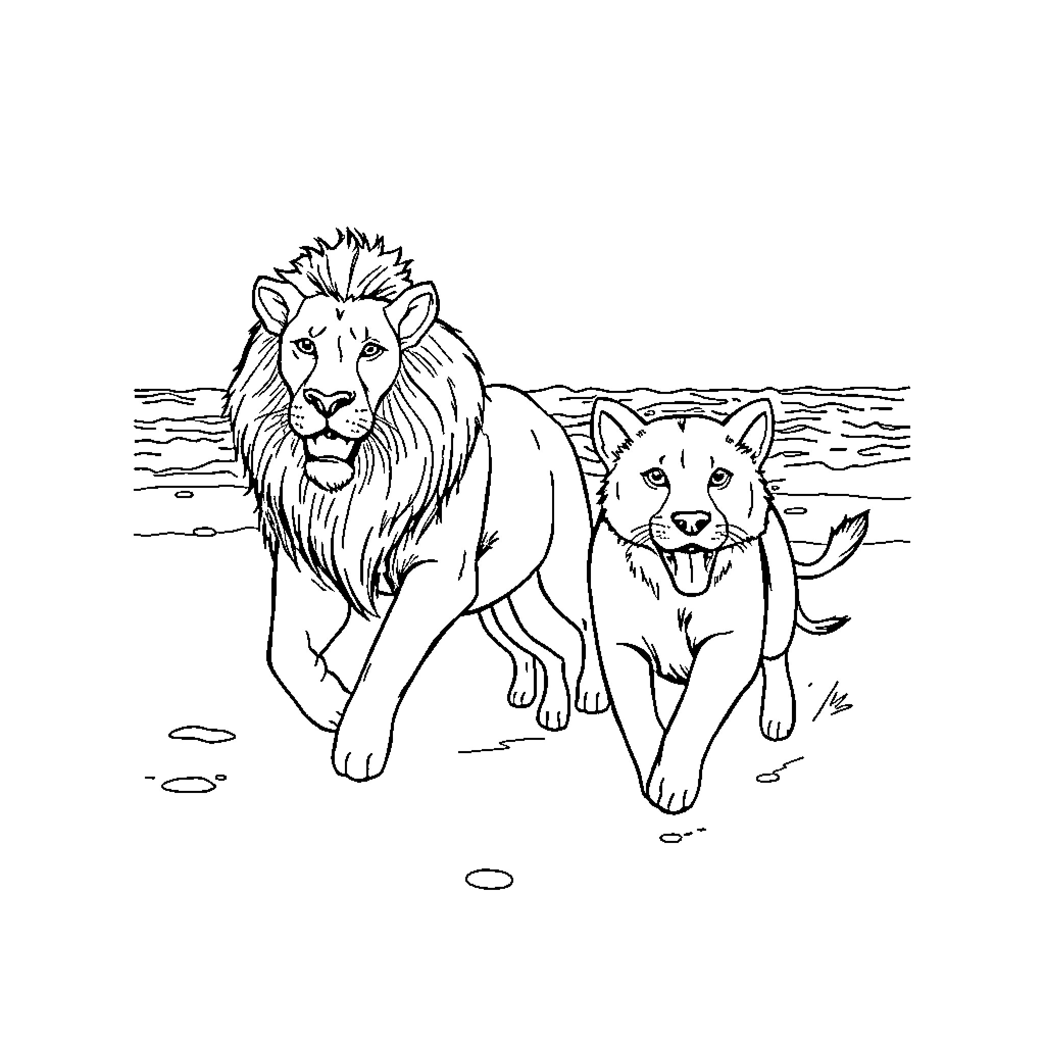 Dog and lion enjoying the beach Coloring Page (free black-and-white line drawing printable PDF for all, from beginners to advanced learners, including children, teens, adults, and seniors)