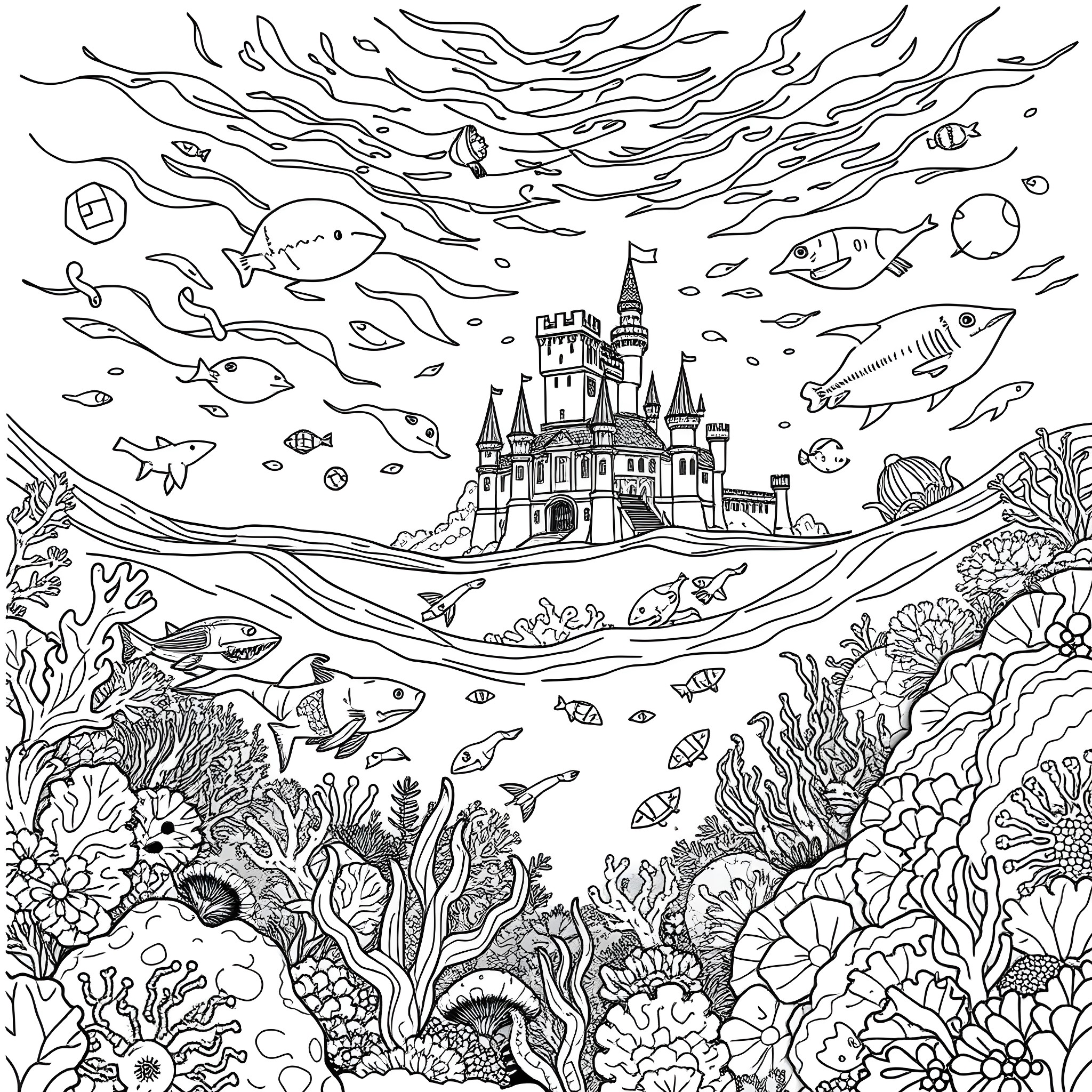 King's Underwater Castle with Marine Life Coloring Page (free black-and-white line drawing printable PDF for all, from beginners to advanced learners, including children, teens, adults, and seniors)