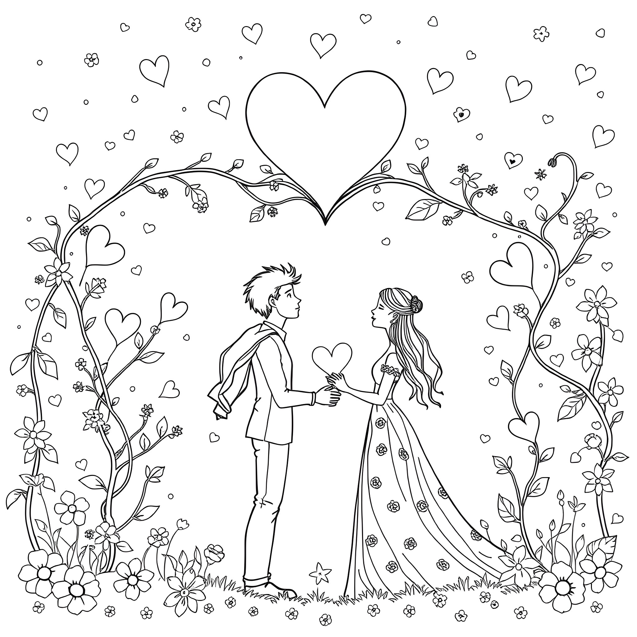Valentine's Couple Sharing a Romantic Moment Coloring Page (free black-and-white line drawing printable PDF for all, from beginners to advanced learners, including children, teens, adults, and seniors)