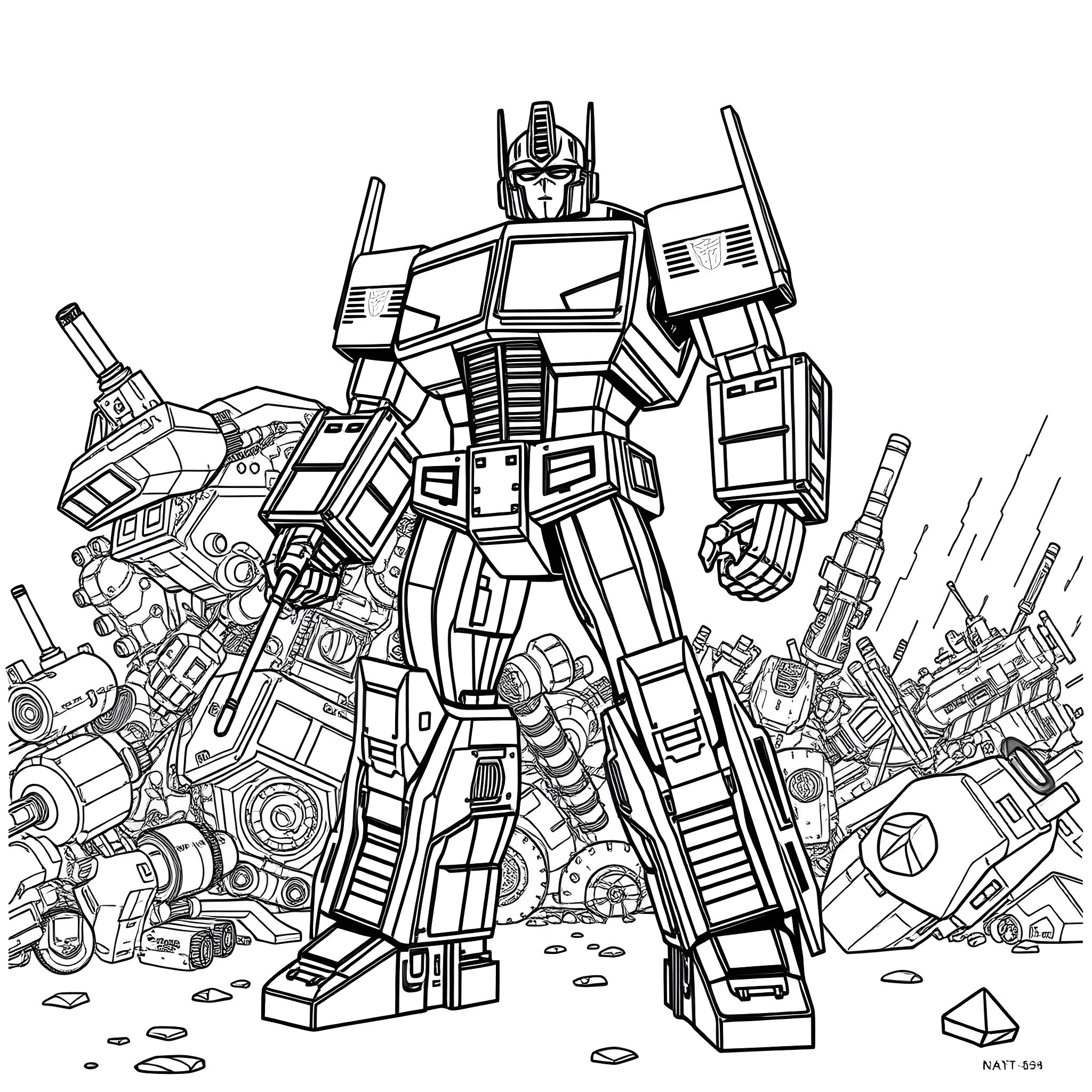 Optimus Prime leading the Autobots into battle Coloring Page (free black-and-white line drawing printable PDF for all, from beginners to advanced learners, including children, teens, adults, and seniors)