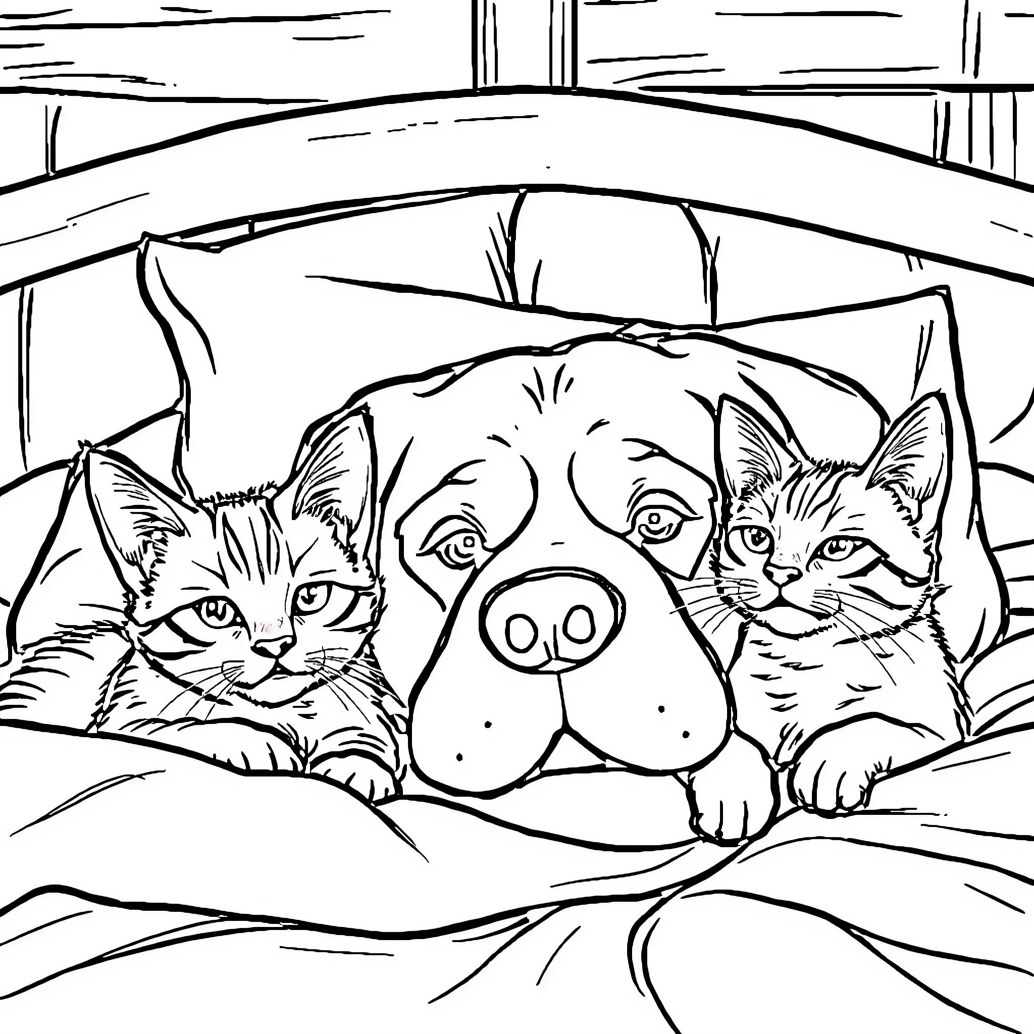 Cat companions cuddling in cozy hideaway Coloring Page (free black-and-white line drawing printable PDF for all, from beginners to advanced learners, including children, teens, adults, and seniors)