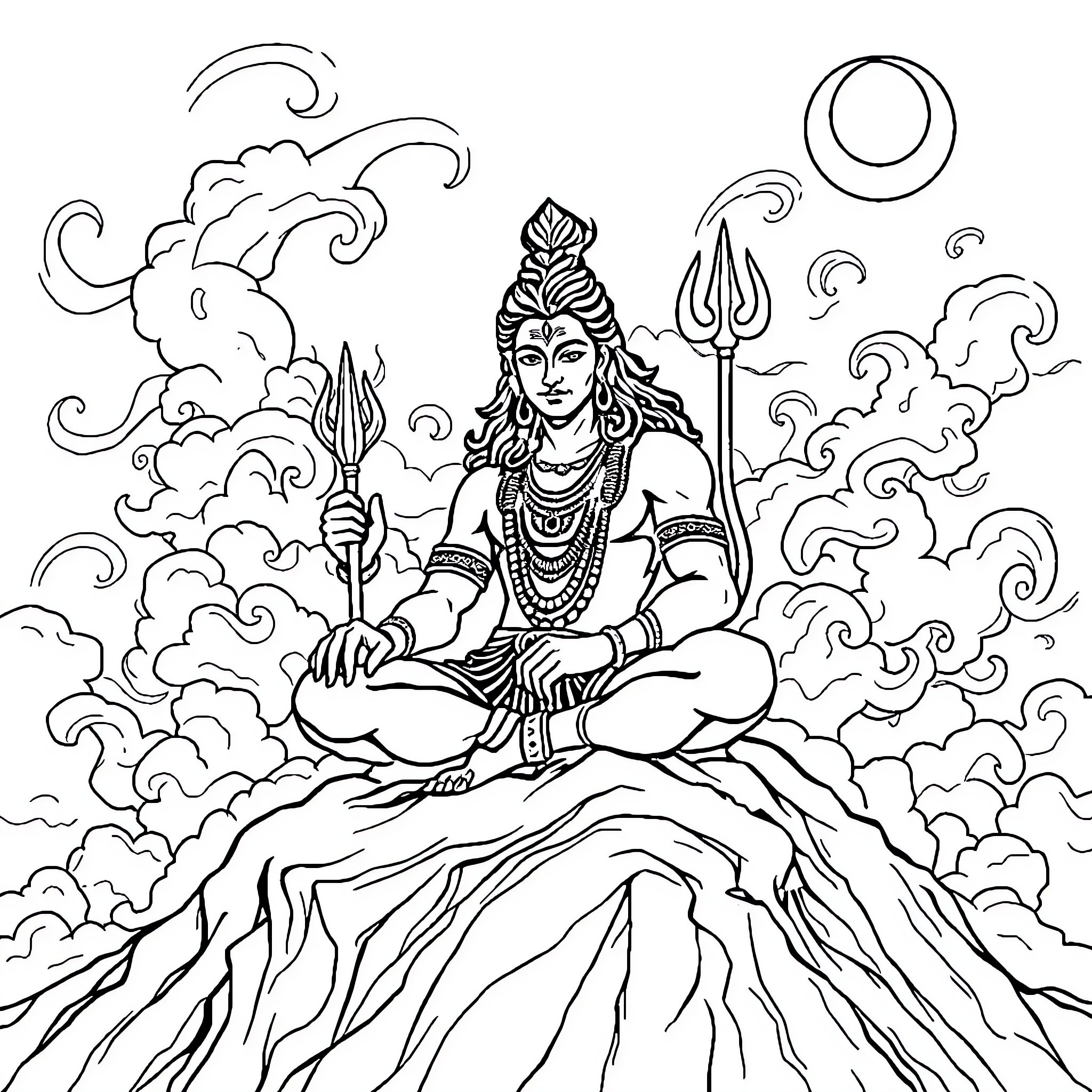 Lord Shiva Seated in Meditative Pose Amidst Cosmic Swirls Coloring Page (free black-and-white line drawing printable PDF for all, from beginners to advanced learners, including children, teens, adults, and seniors)